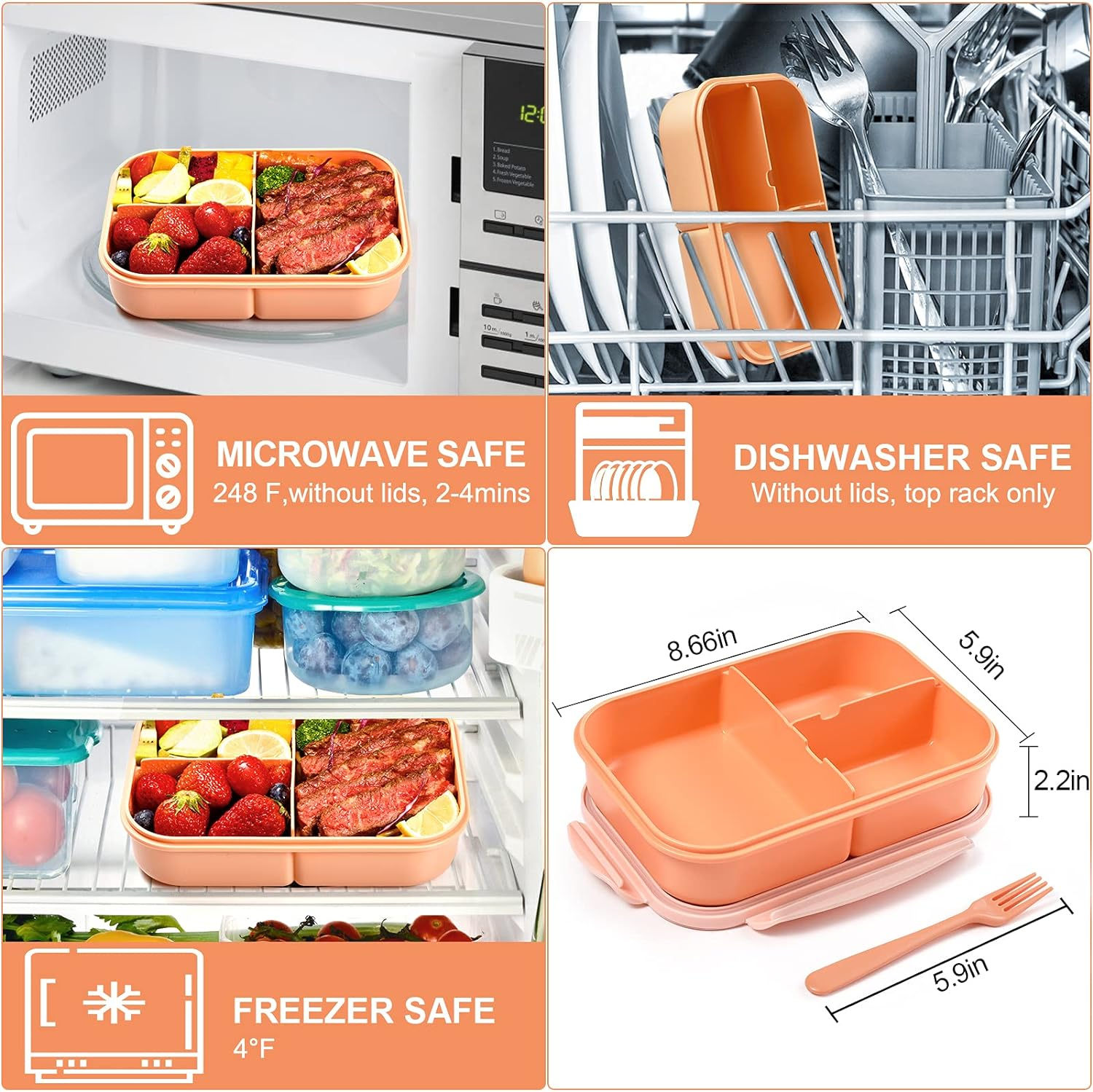 Jeopace Bento Box for Adults, 3 Compartments, Leakproof, Microwave Safe, BPA Free, Orange image number 2