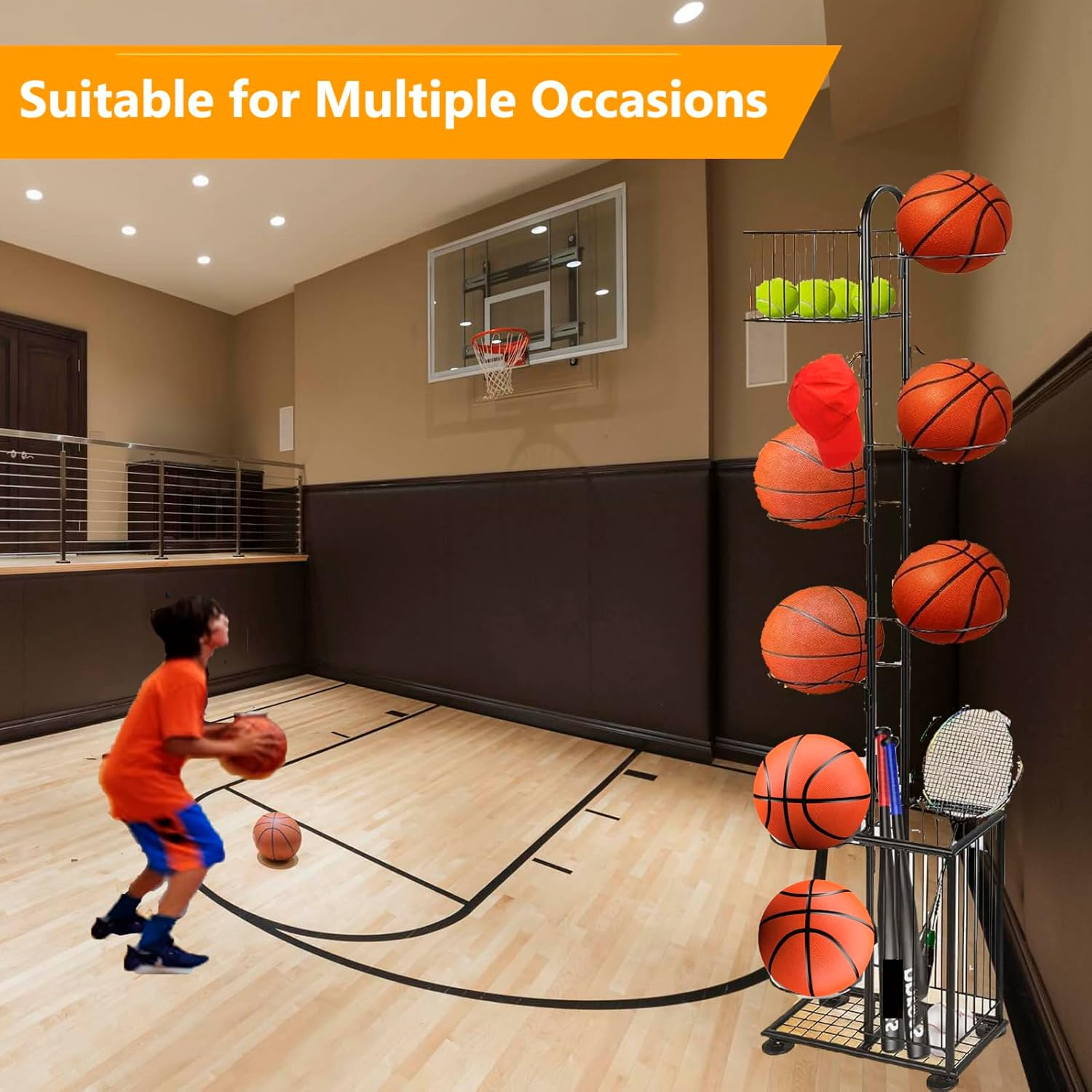 Basketball Rack,Sports Equipment Organizer,7 Tier Standing Basketball Holder Garage Ball Storage for Volleyball Football Badminton,Indoor/Outdoor Ball Storage Rack with Baskets,Side Bin and Hooks