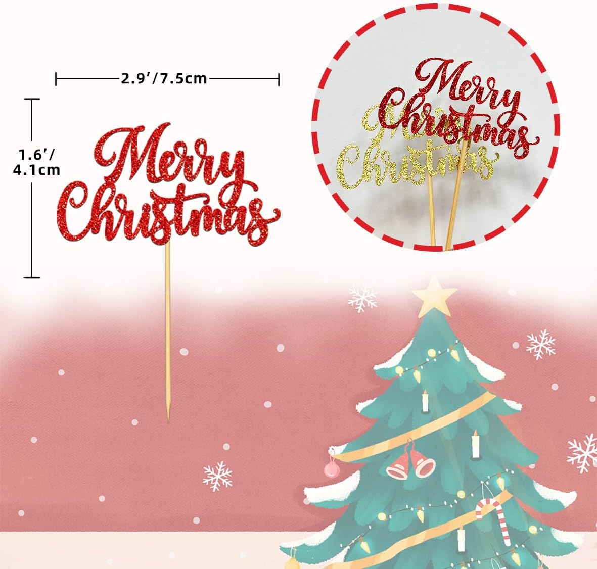 24 PCS Merry Christmas Cupcake Toppers for Christmas Decorations, Christmas Tree Cake Toppers for Christmas Party Supplies (Pattern C)