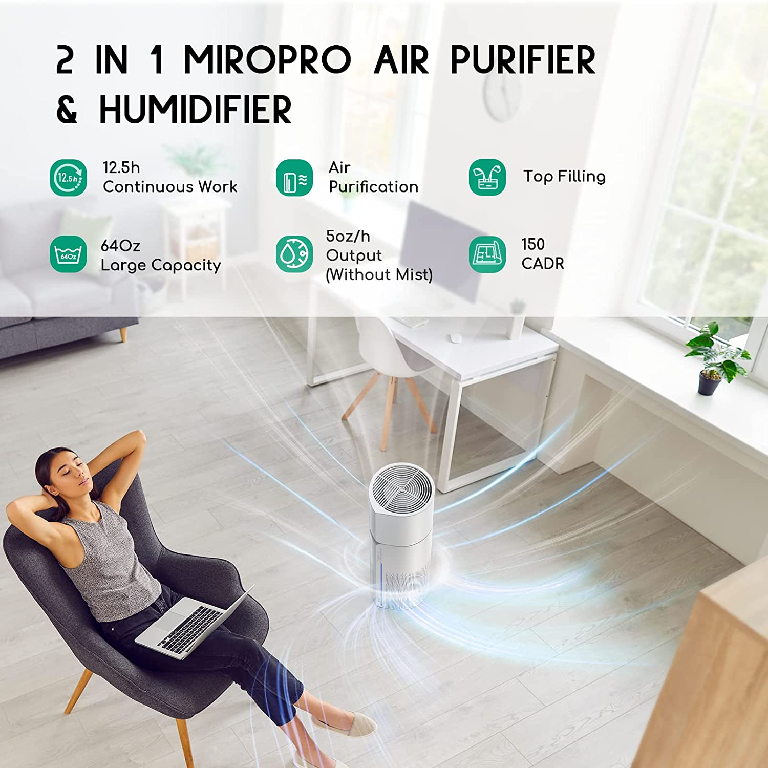Afloia Air Purifier and Humidifier Combo,2In1 Purifiers,3 Stage H13 Filters for Home Bedroom Allergies Pets Hair Smoker Odors,Evaporative Humidifier,Auto Shut Off, Quiet Air Cleaner with 7 Color Light image number 3