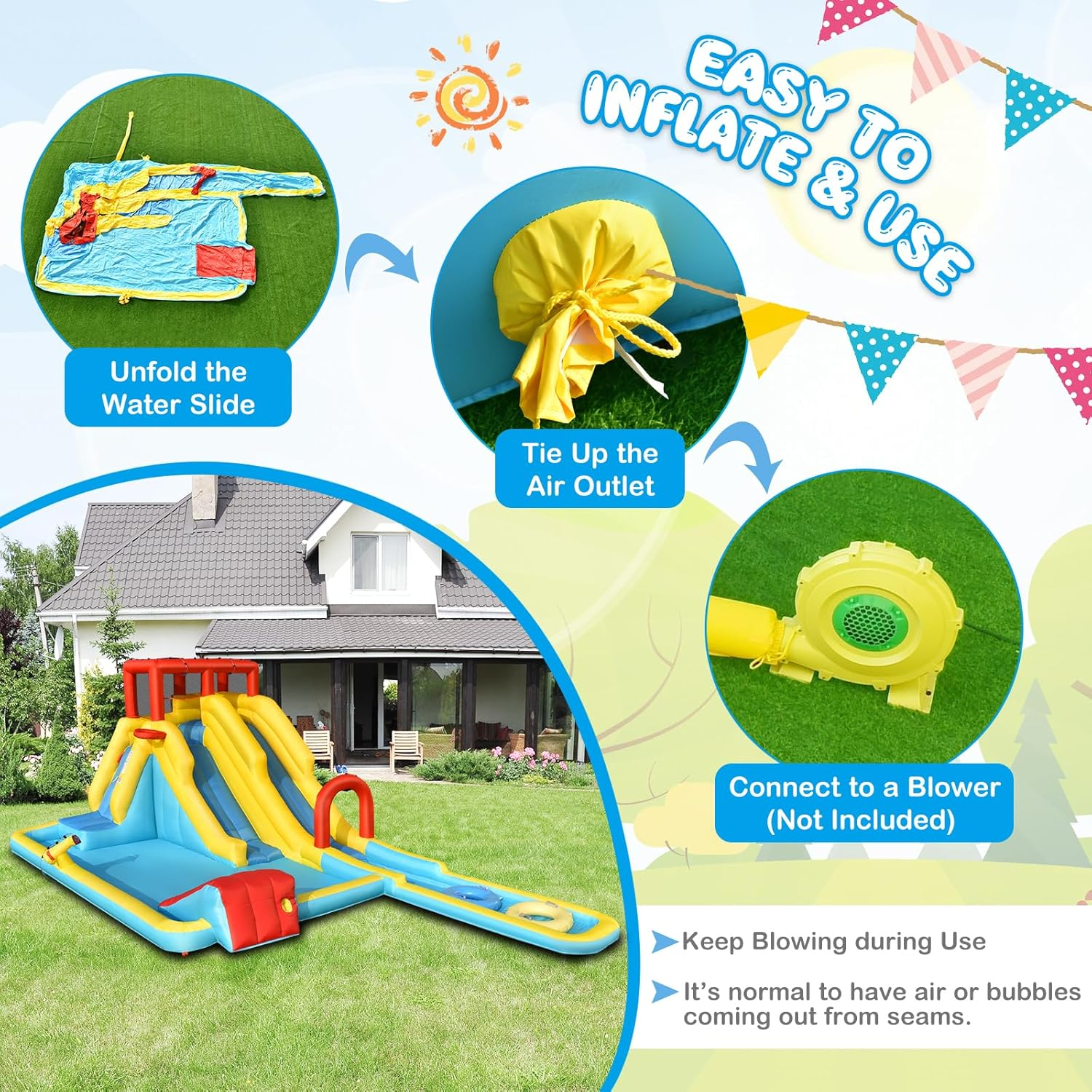 HONEY JOY Inflatable Water Slide, Outdoor Jumping Castle Splash Park with Sprinklers, Water Gun, Climbing Wall, Extra Long Slide & 2 Swimming Rings, Blow-Up Water Park for Yard (Without Blower) image number 3