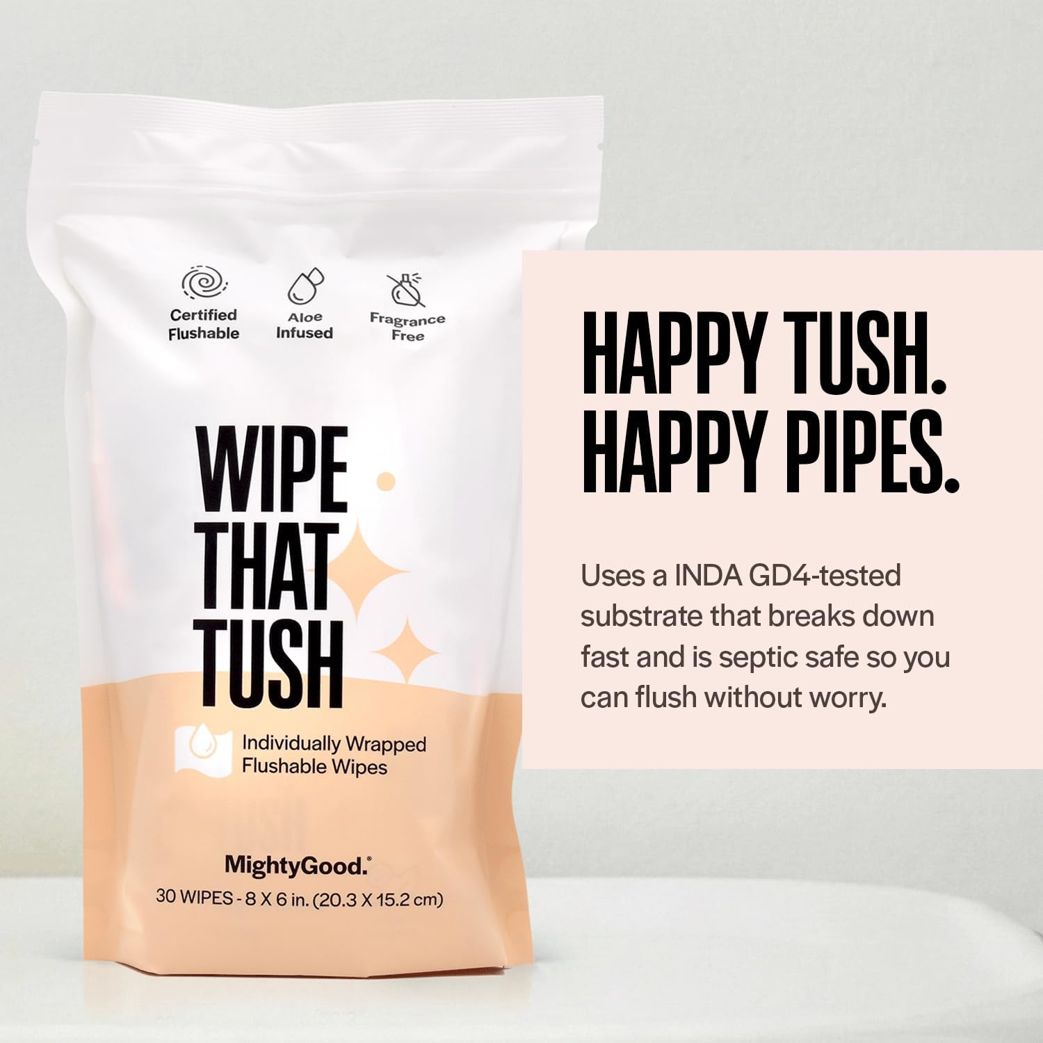 Mightygood. Wipe That Tush Travel Flushable Wipes - 1 Pack of 30 Individually Wrapped Total Hypoallergenic & Fragrance-Free with Aloe Tested Septic-Safe Individual Packs for White