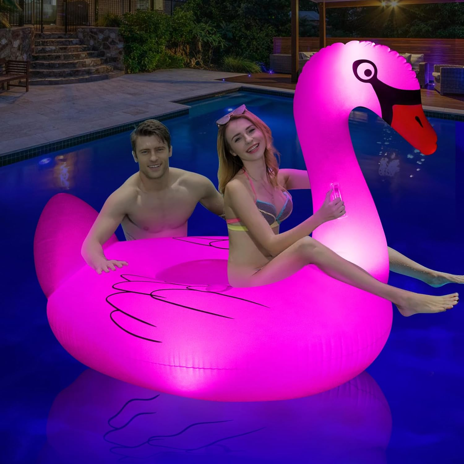 Big Flamingo Pool Floats Solar Powered Swan Pool Floats Adult W/Led Color Changing Lights, 69'' Large Inflatable Pool Floaties W/Cup Holder, Turtle Lake Float Lounger image number 2