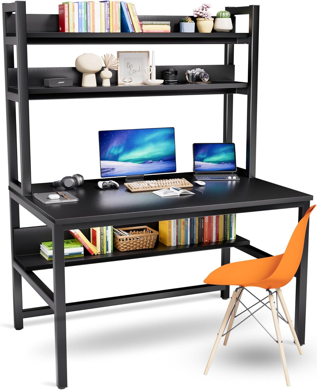 Aquzee Modern Black Computer Desk with Bookshelves, Multi-Functional Office Desk, Sturdy and Durable, Easy Assembly, Spacious Storage image number 5