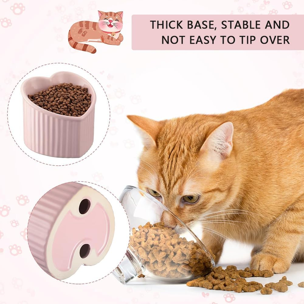 12 CM Raised Tilted Cat Bowls &ndash; 2 Pack Pink Heart-Shaped Ceramic Elevated Feeder Dishes for Small Cats & Kittens, Anti-Vomit Pet Food & Water Bowls, Spine Protection image number 5