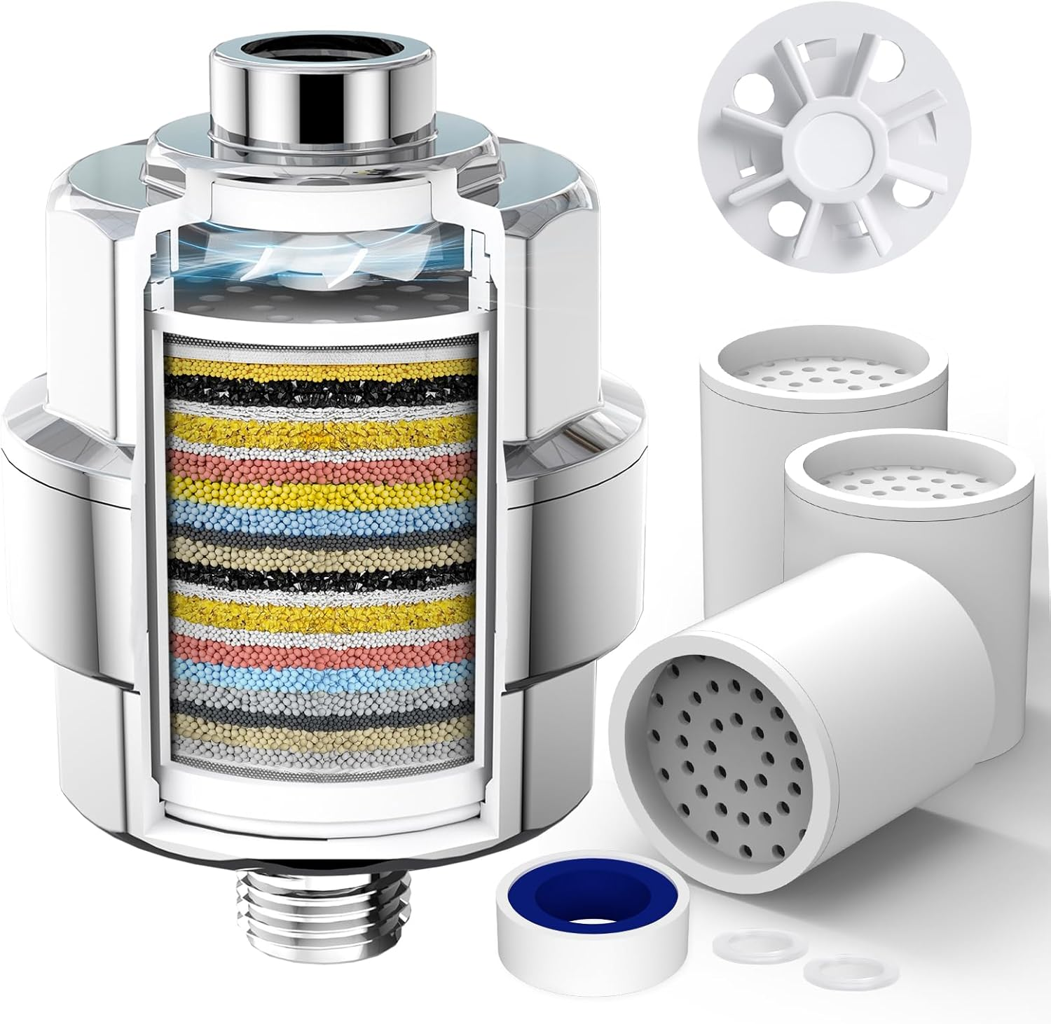 20-Stage Shower Head Filter-Shower Head Filter for Hard Water, with 3 Replaceable Filter Cartridges, High Output Shower Water Filter for Removing Chlorine and Fluoride, Polished Chrome