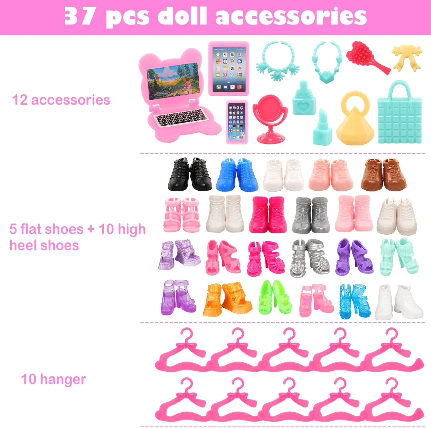 Barwa 59 Pcs Doll Accessories - 12 Fashion Dresses 3 Party Gowns 4 Outfits 3 Swimsuits Bikini with 37 Accessories for 11.5 Inch Dolls image number 5