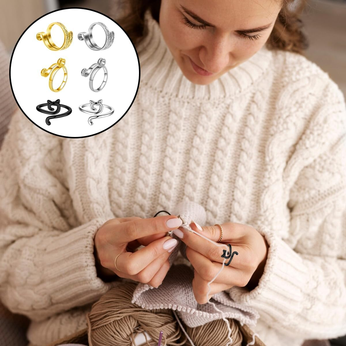 WELANE Knitting Ring, 6 PCS Adjustable Metal Open Crochet Ring for Hand Weaving, Hook Line Supplies, Crocheters (6 Kind)