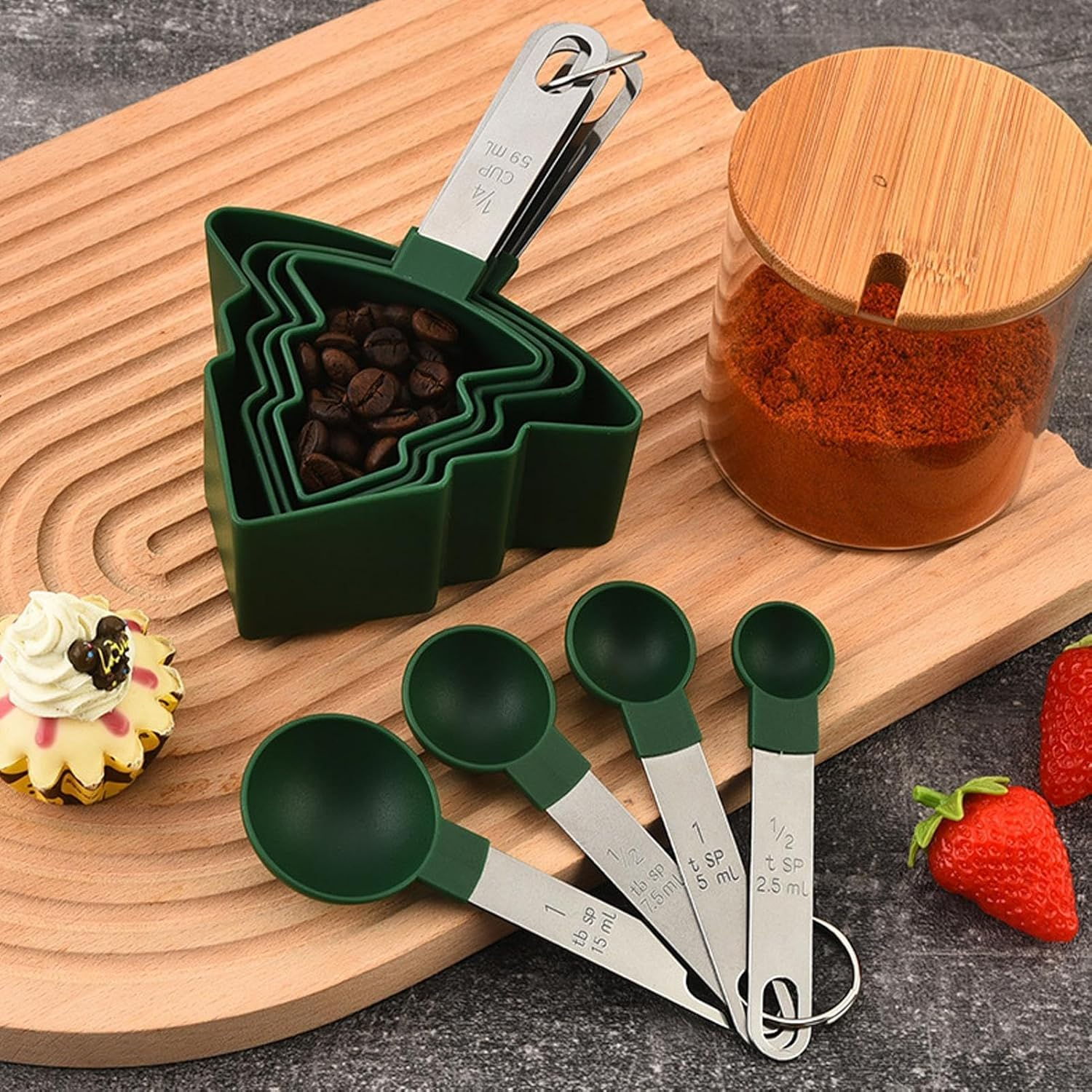 Measuring Cups and Spoons Set | 8X Christmas Tree-Shaped Measuring Spoons with Stainless Steel Handle - Accurate Green Measuring Cups for Cooking and Baking Dry and Liquid image number 6