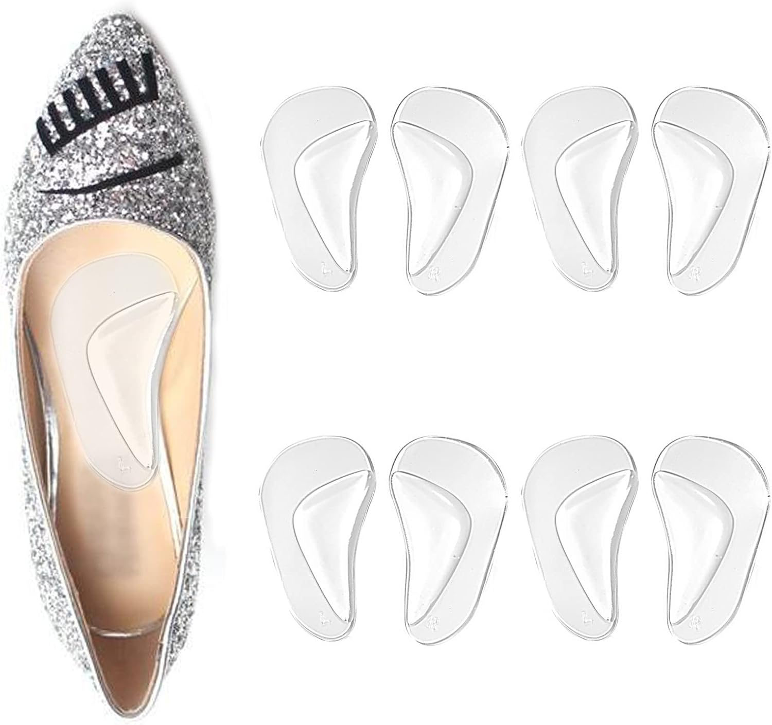 [4 Pairs] Arch Support Shoe Insoles for Flat Feet, Gel Arch Inserts for Plantar Fasciitis, Adhesive Arch Pad for Relieve Pressure and Feet Pain (Clear) image number 2