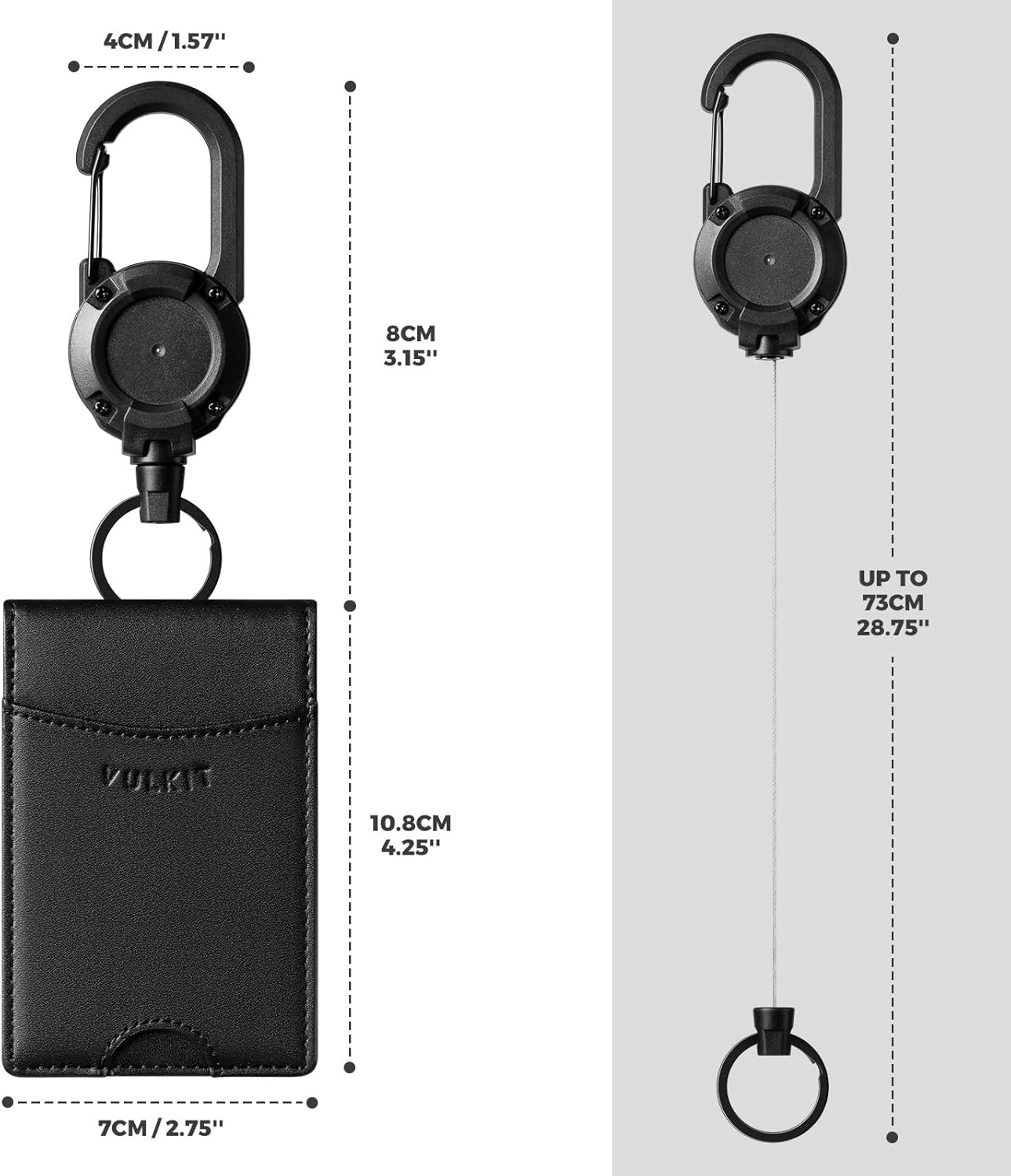 VULKIT Badge Holder Retractable Clip, Leather Bifold Double ID Card Holder, Retractable Keychain Carabiner, Holds 5 Cards, Keys Black image number 1
