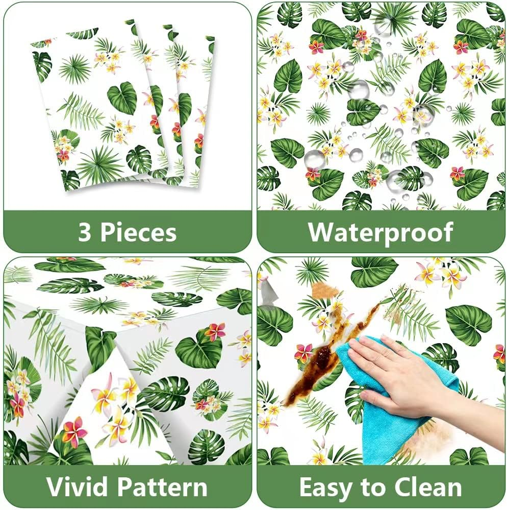 3 Pack Tropical Palm Leaves Table Cloth, Hawaiian Tablecloths for Party Decoration, Hawaii Disposable Plastic Rectangular Table Covers, Summer Beach Kids Birthday Cocktail Party Supplies image number 3