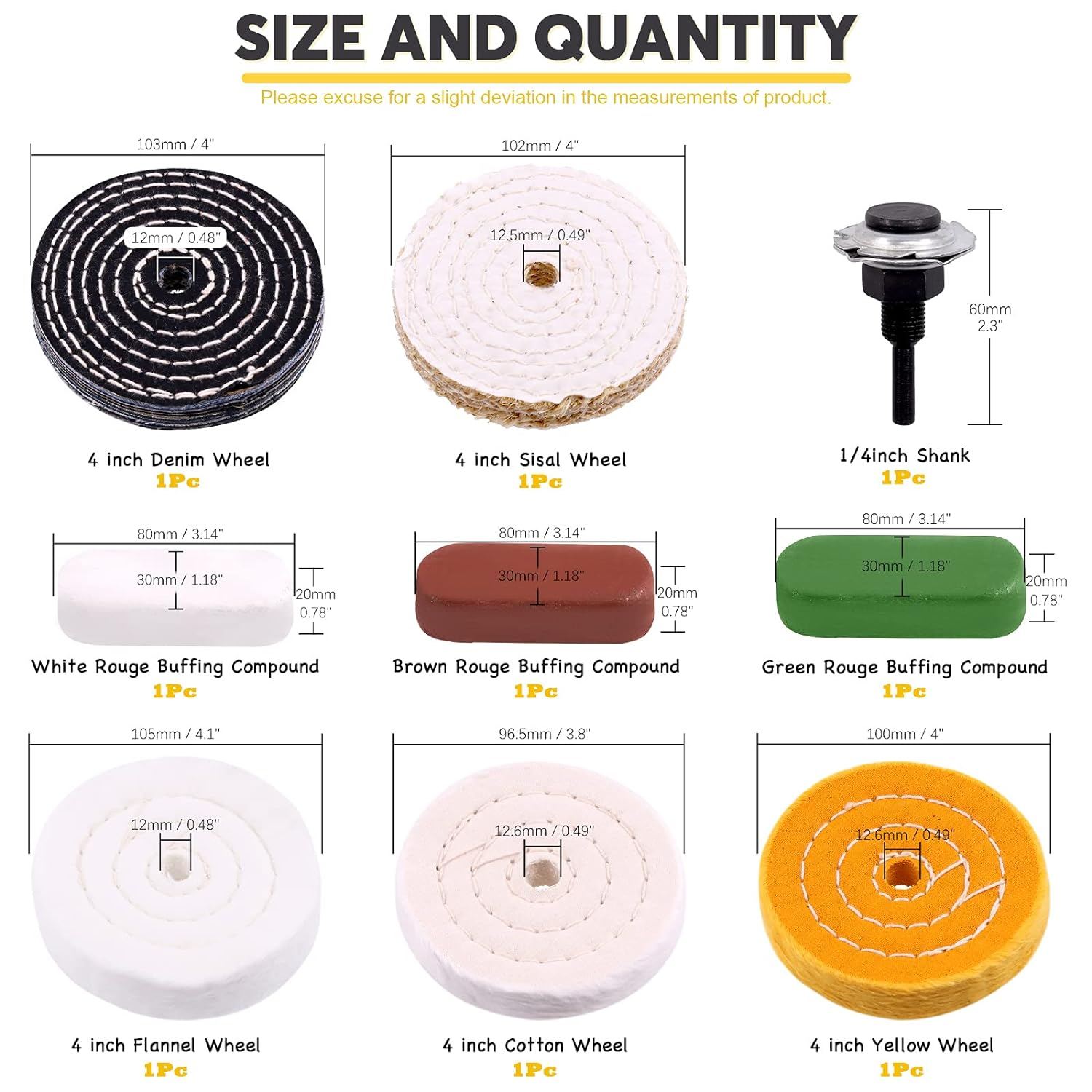 9Pcs 4'' Buffing Polishing Wheels Set Including Yellow(36Ply)/White(50Ply)/ Flannel(30Ply)/ Denim/Sisal Wheel with 1/2" Arbor Hole 3Pcs Compound and 1/4" Handle for Polishing