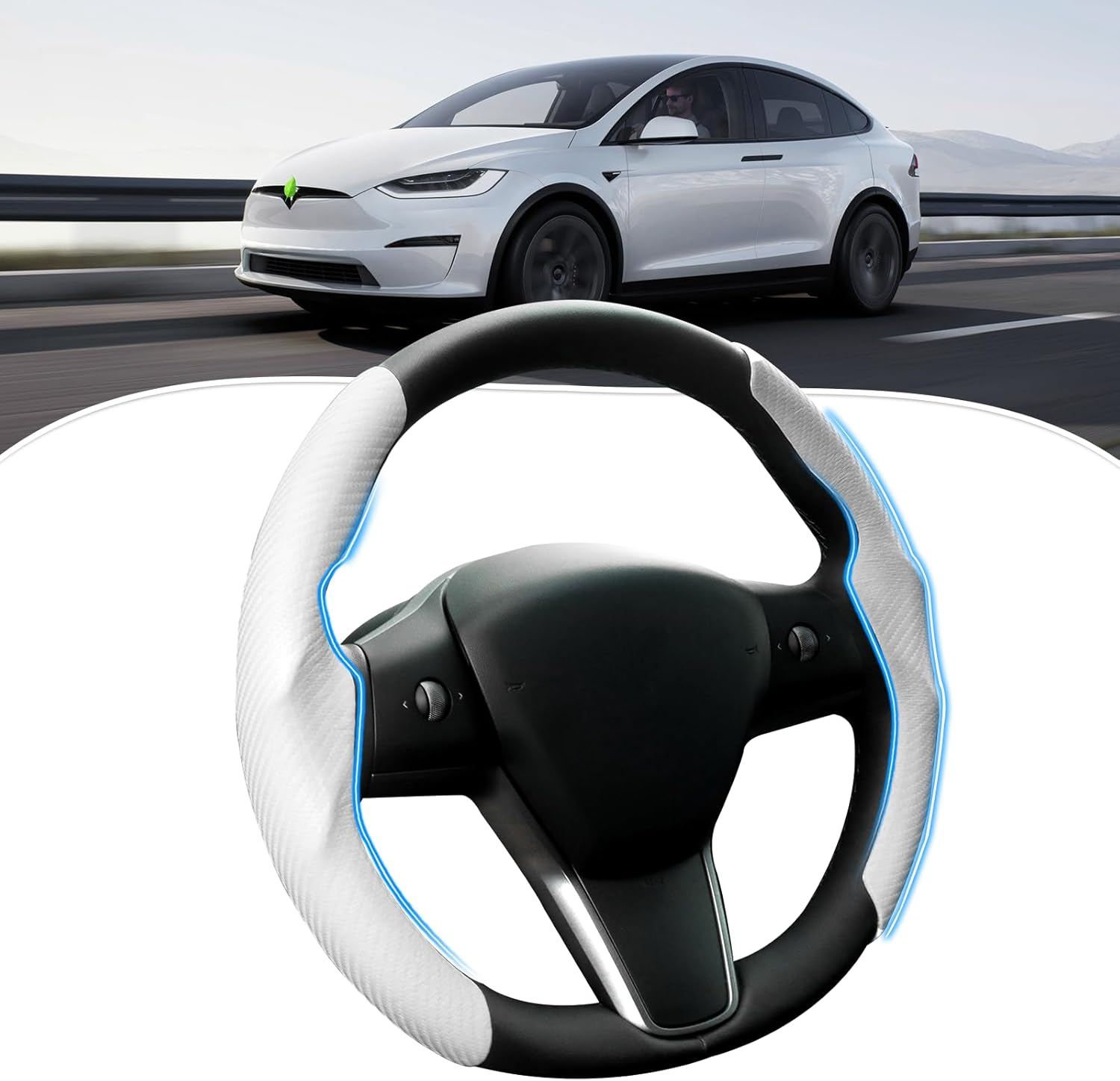 Carbon Fibre Steering Wheel Cover for Tesla Model 3/Y 2016-2025, Anti-Slip, Comfortable Grip, Breathable, White image number 2