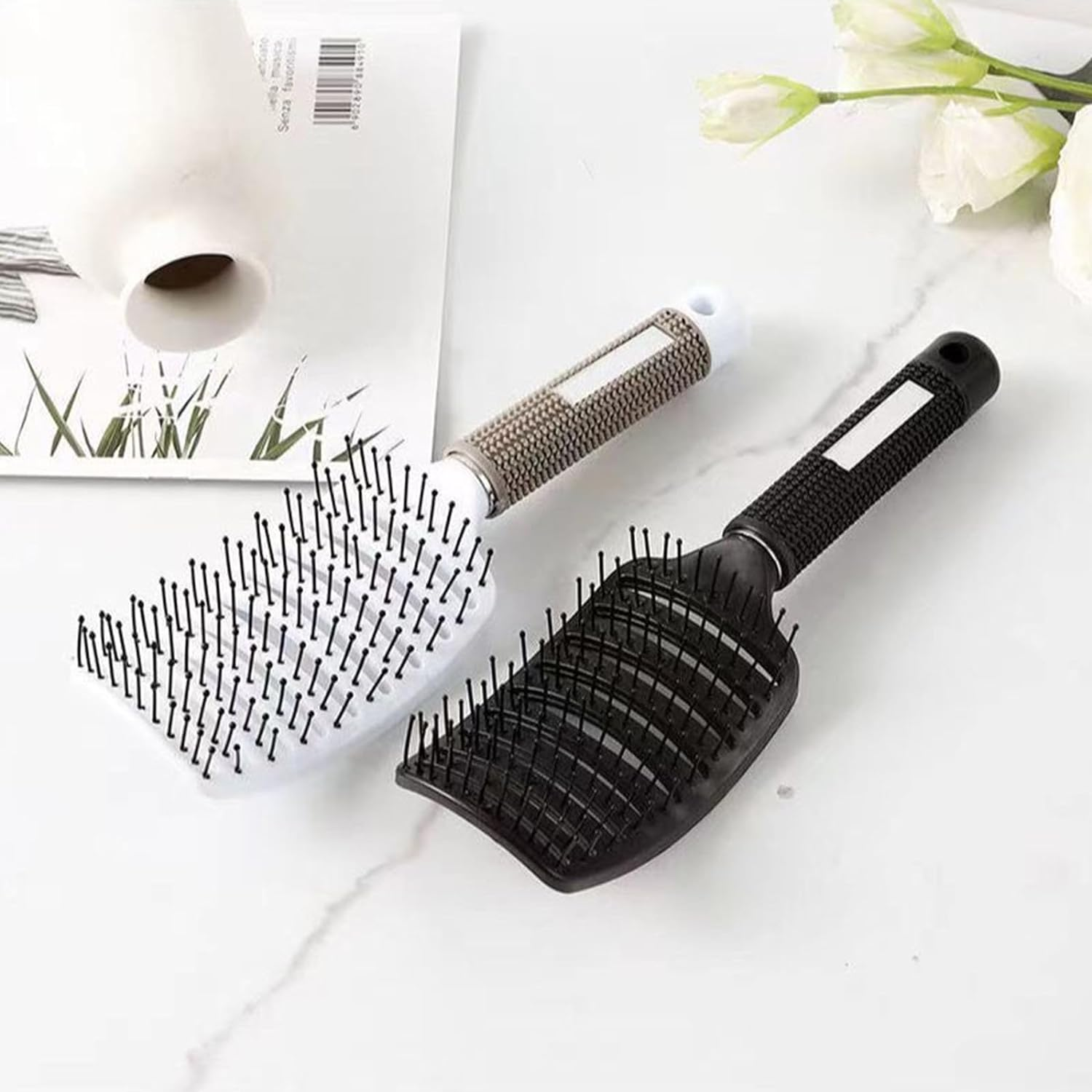 2 Pcs Hairbrush, Magical Brush Curved and Vented Bristle Nylon Hairbrush (Black White) image number 3
