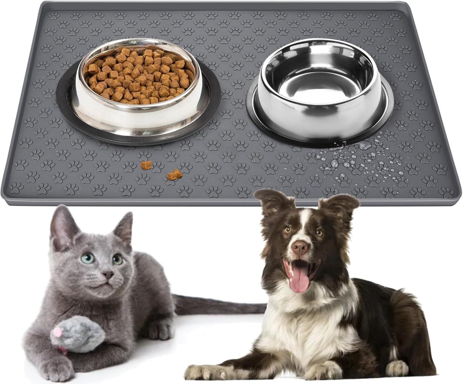 Silicone Waterproof Pet Feeding Mats, Food Mats, Pet Placemat for Dog and Cat, Mat for Prevent Food and Water Overflow, Non Slip, Washable, Easy Clean, Paw Pattern(Grey) image number 3