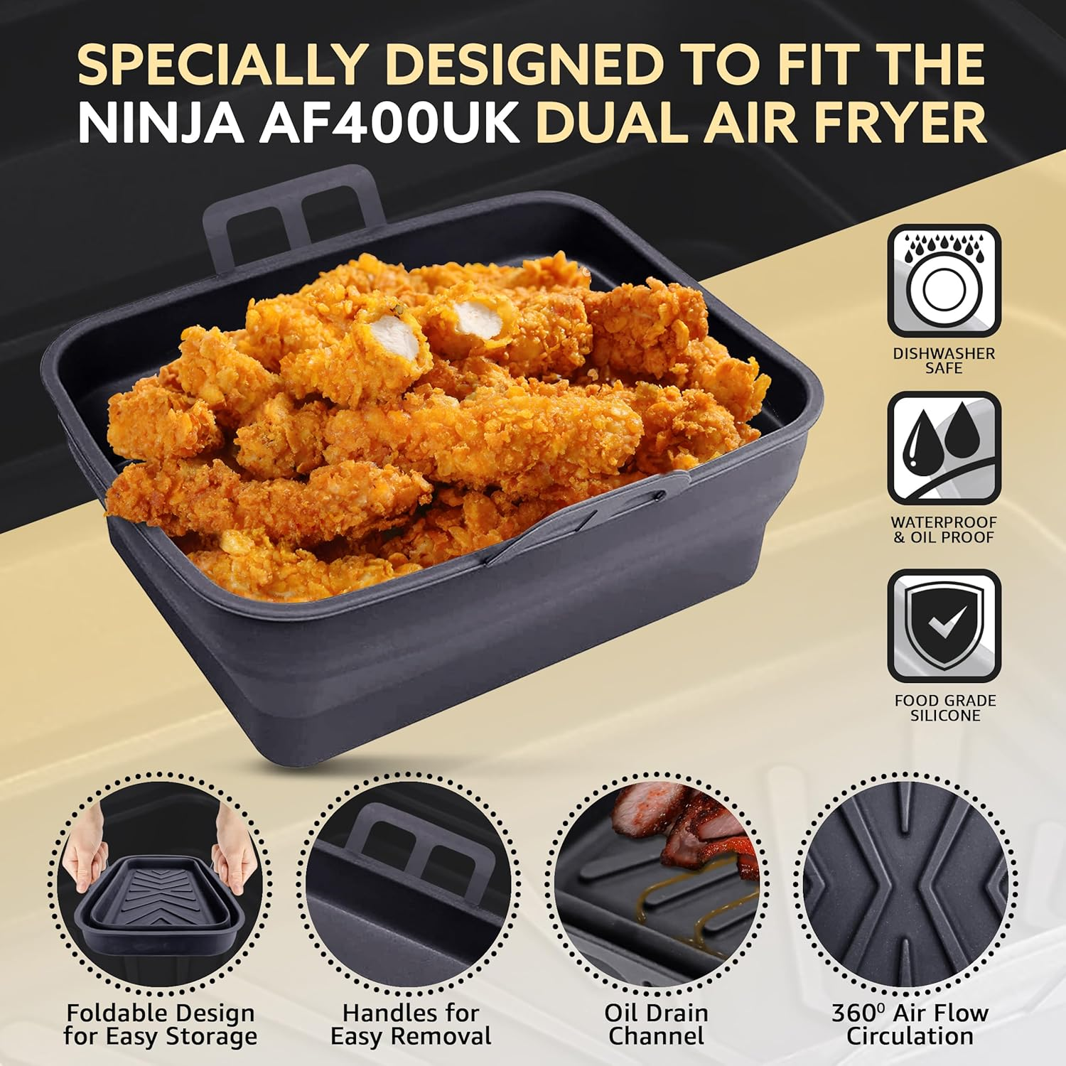 Tydi 2X Premium Silicone Air Fry Liners Ninja AF400UK 9.5L & Tower T17088-21 X 16 4.5 Cm Fryer Made Specifically the AF400 Reusable Accessories, Black (TY-SAF-AF400UK) image number 3