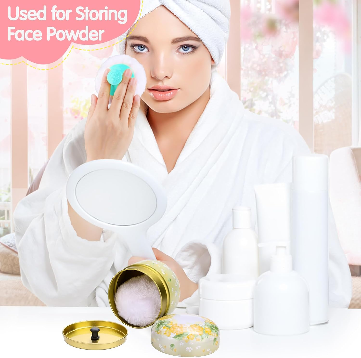 3 Pieces Body Powder Puff and Container, Baby Powder Container Floral Pattern with Large Fluffy Plush Puff Spoon, Baby Woman Loose Dusting Powder Tea Box for Home & Travel Use (Pink, Blue and Yellow) image number 5