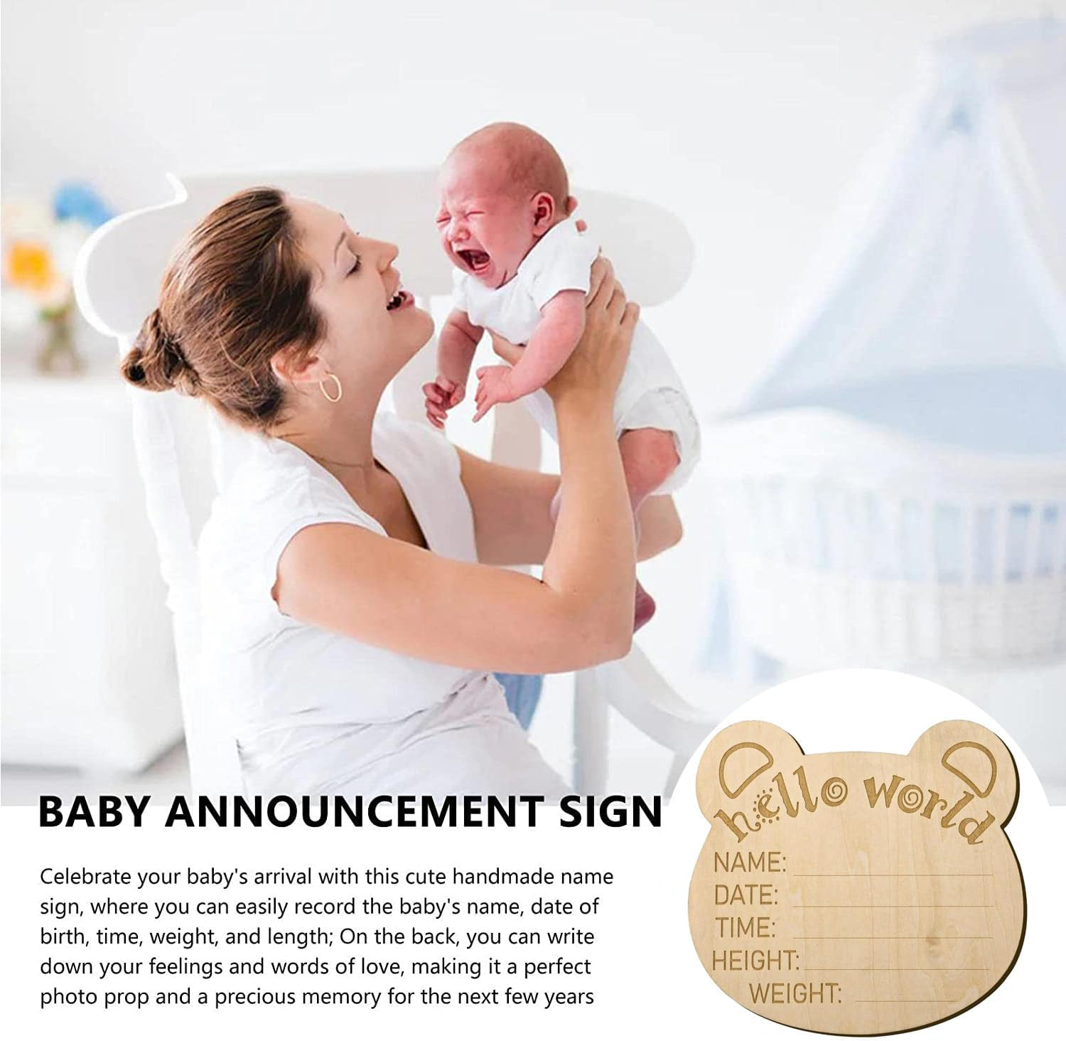 Wooden Baby Announcement Sign, Newborn Baby Announcement Sign, 5.9 Inch Hello World Newborn Welcome Sign for Baby Shower, Photo Prop, Hospital, Nursery, New Parents (A) image number 4