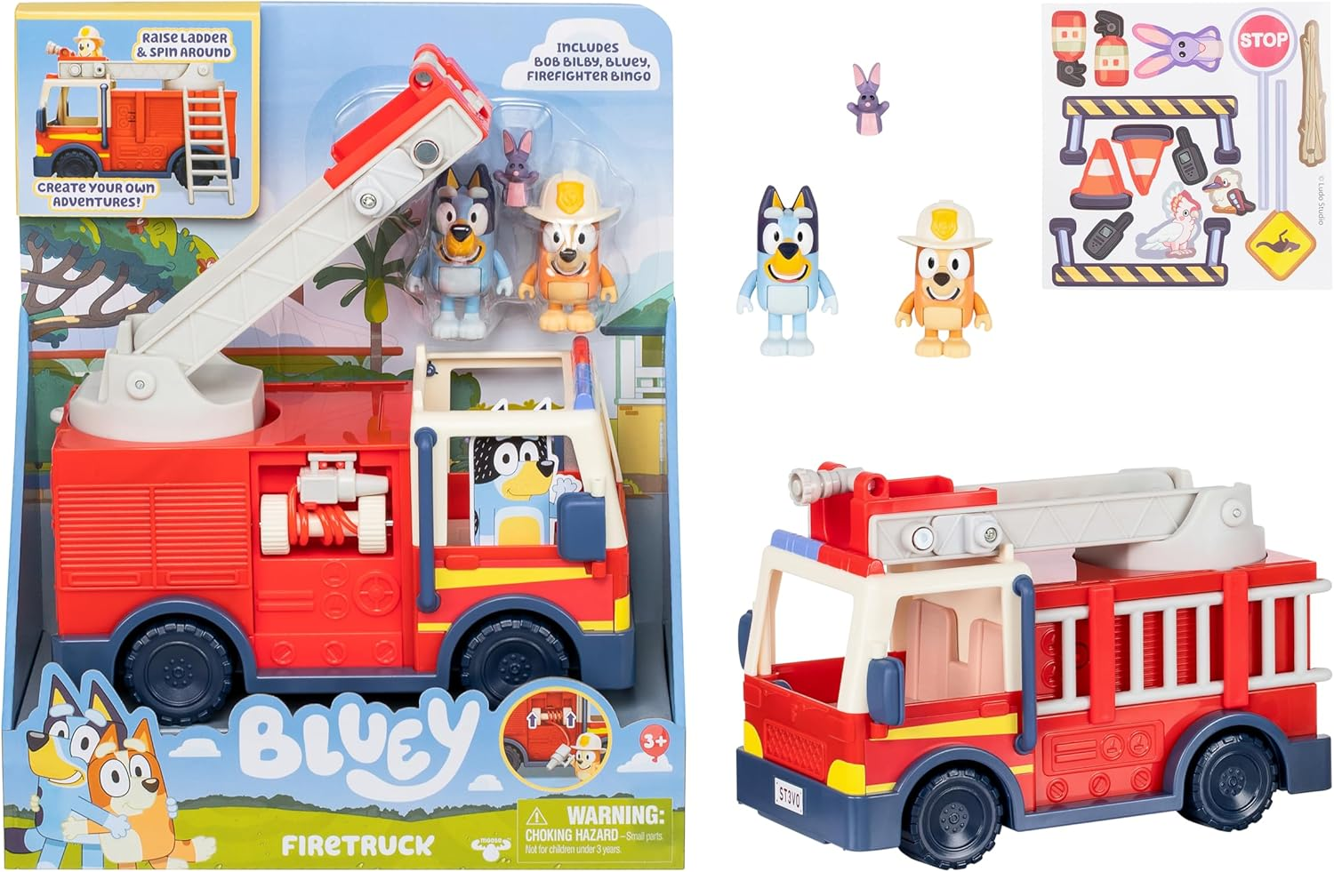 BLUEY Firetruck Firetruck, Exclusive Firefighter Bingo and Bob Bilby Figures Raise the Ladder, Spin It around and Roll Out the Hose Includes Sticker Sheet image number 4