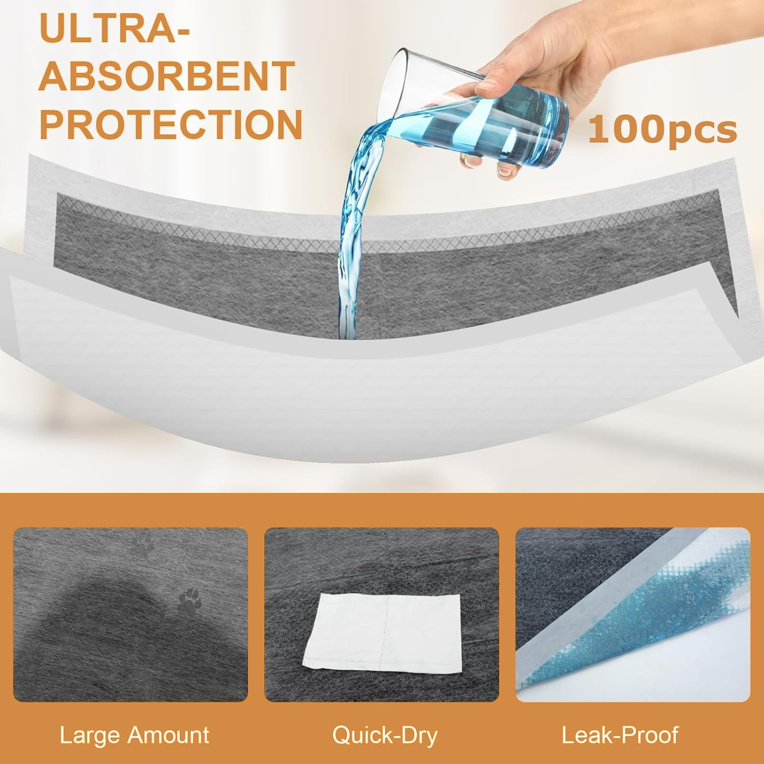 Puppy Pads 100Packs，Disposable Training Pads Bamboo Charocoal Dog Pee ，Pet Training Puppy Dog Pee Pads Super Absorbent，Leak Proof Quick-Dry Pet Piddle Pads and Potty for Dogs,Puppies， Cats，33X45Cm image number 1