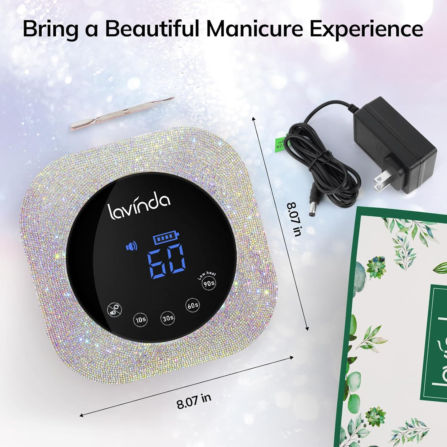 Lavinda UV LED Nail Lamp for Gel Nails, Cordless Rechargeable Nail Light with 4 Timer Settings, Touch LCD Display, Removable Base, 54W Professional Nail Dryer for Salon Home Use Diamond Design