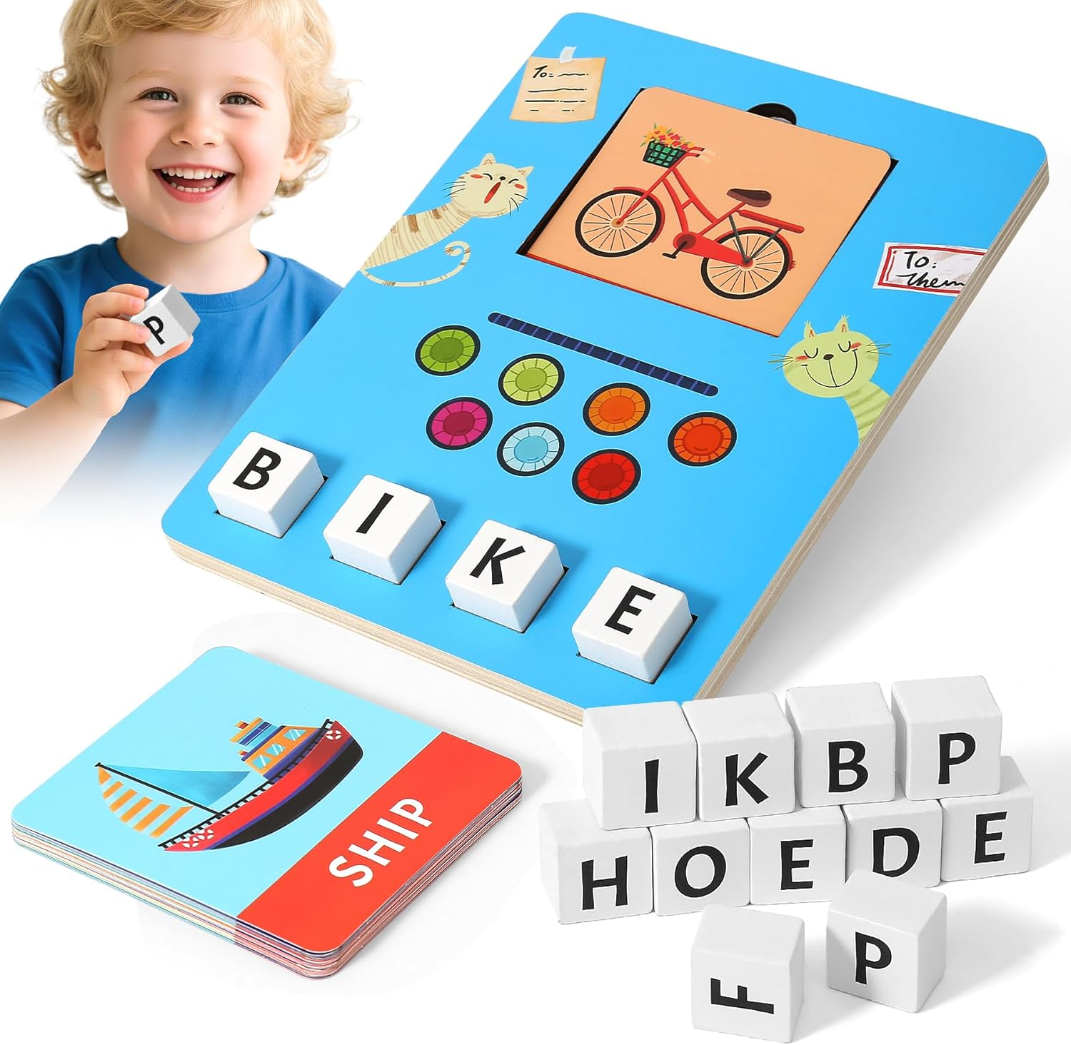 Wooden Learning Games for Kids Ages 3-8, Matching Letter Game with Spelling Flash Cards for Toddler, Early Learning Educational Toys for Children, Birthday Party Gifts for Son and Daughter, Blue image number 6