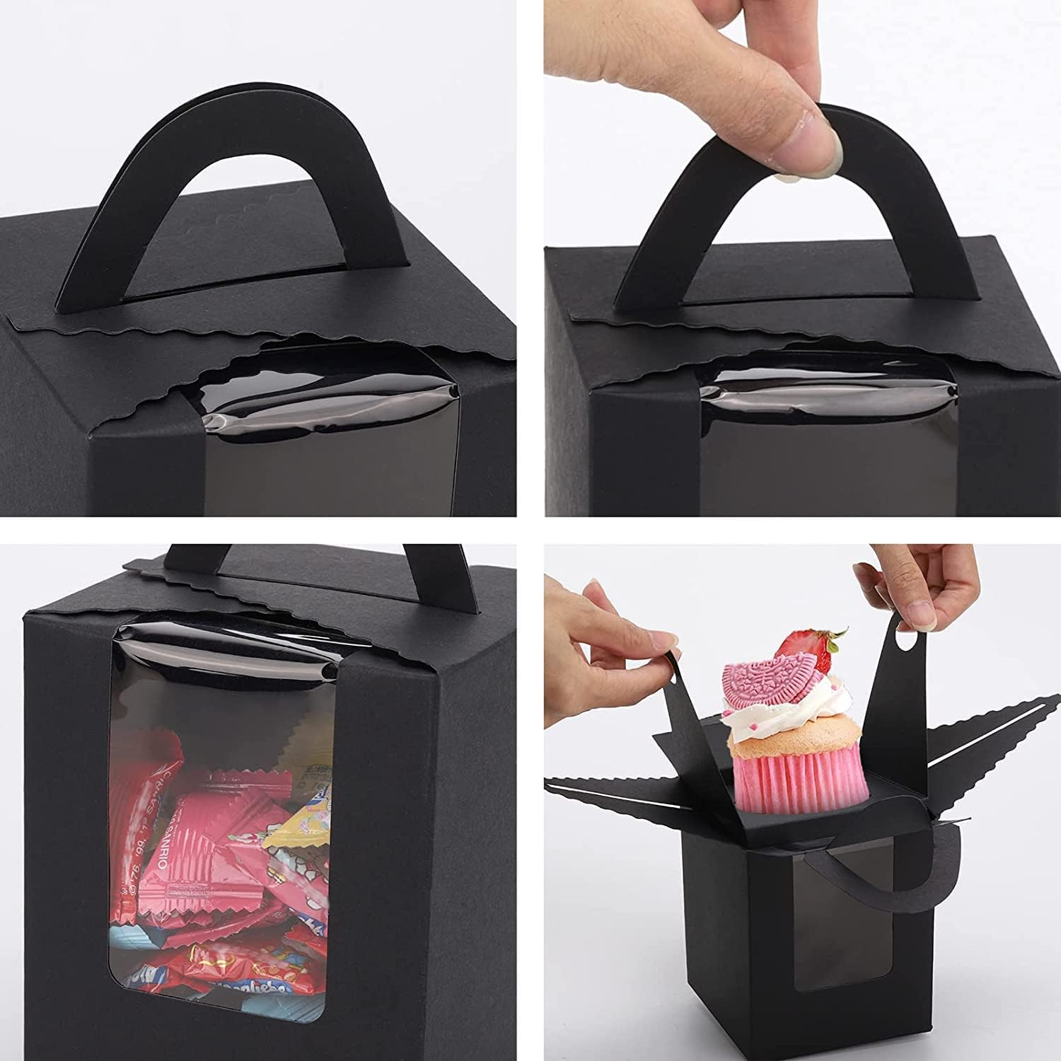 50 Pcs Black Cupcake Boxes with Window Single Individual Cupcake Boxes with Handle and Inserts for Wedding Birthday Party Treats Gift image number 5