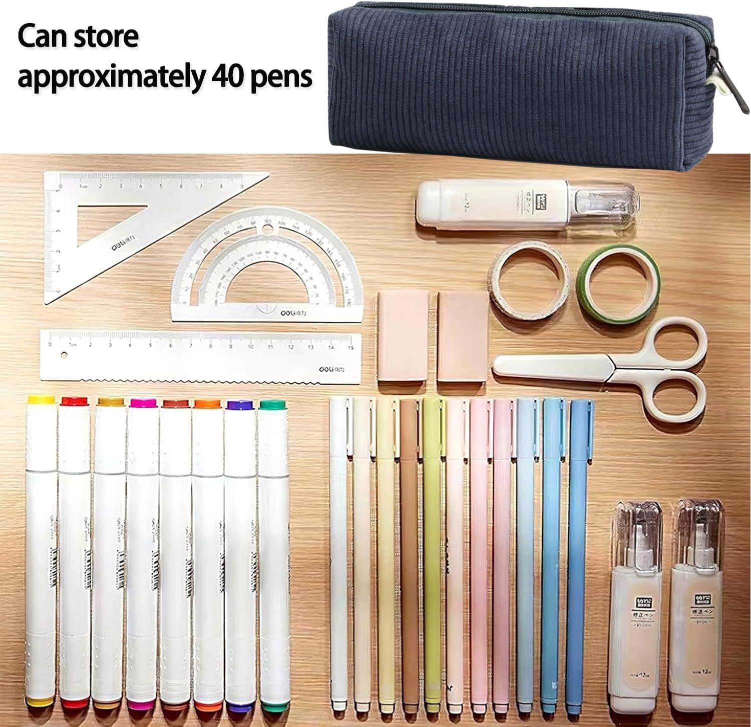 Corduroy Pouch, Large Capacity Storage Bag, Portable Pen Organizer for Kids, Office Stationery, Cute Makeup Pouch for Home, School, Office (Blue)