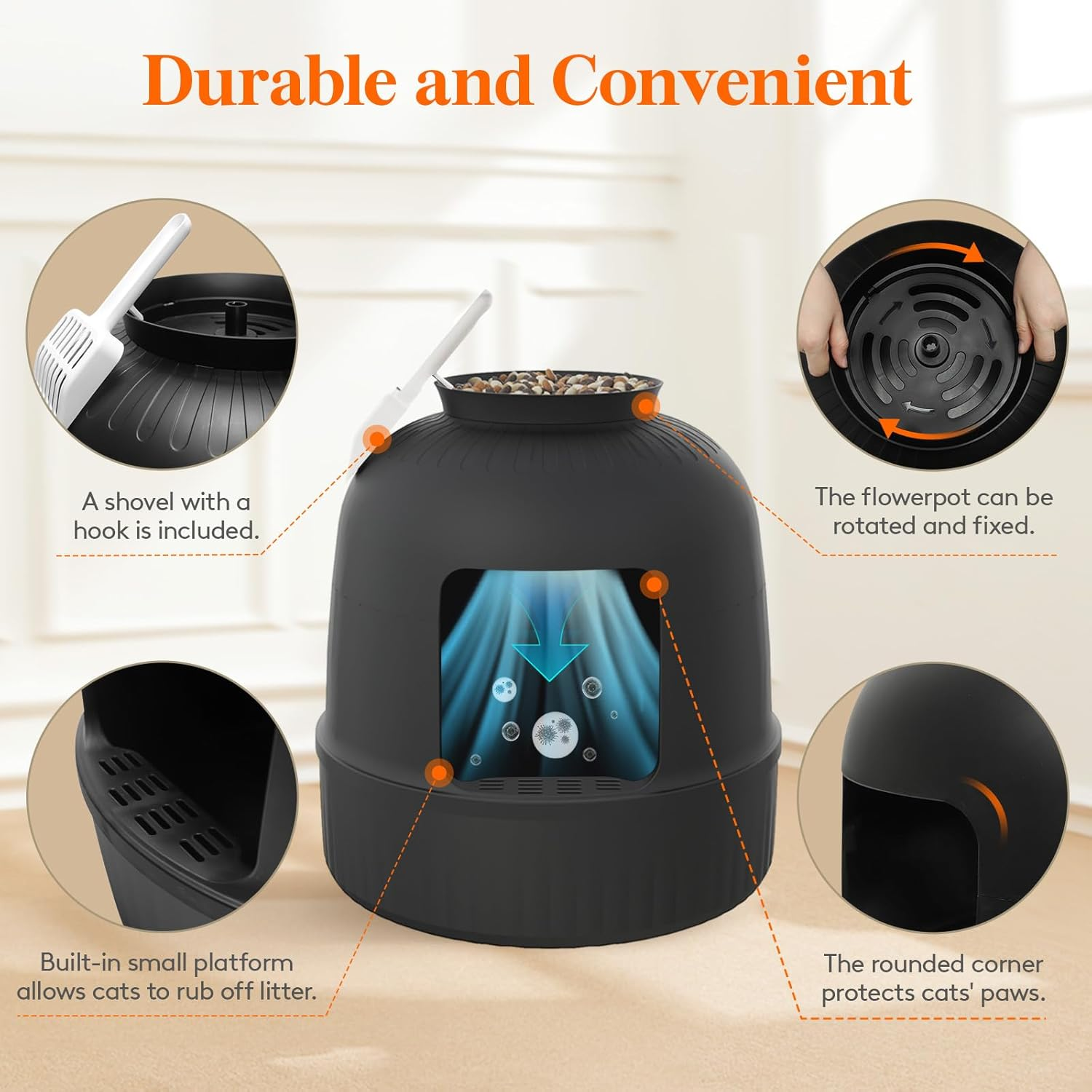 Lifewit Litter Box Cat with Faux Plant & Scoop, Hidden Enclosure Litter Tray with Odor Control & Carbon Filter in Living Room, Bedroom, Corner, Black image number 4