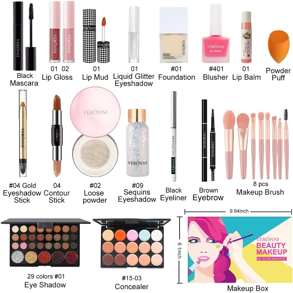 All in One Makeup Kits Women Full Multi-Purpose Beauty Kit, Eyeshadow Palette Lip Gloss Eyebrow Pencil Foundation Concealer Blusher Eyeliner Mascara with Gift Bag for Beginners or Pros image number 6