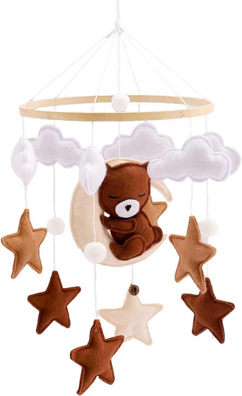 Promise Babe Mobile Baby Wind Chimes Clouds Star Moon Baby Mobile with Bear Handmade Wooden Crochet Animal Wind Chime Bed Bell Pendant for Hanging Baby Bed Nursery Changing Table Playpen Decoration