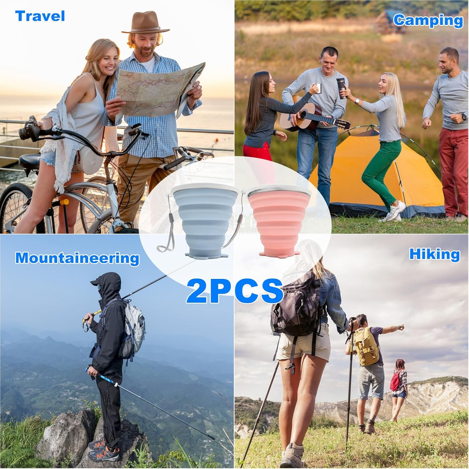 2 Pack Silicone Collapsible Cup with Lid,270Ml Travel Essentials Collapsible Cups, BPA Free Collapsible Travel Mugs, Folding Silicone Cups,Reusable Portable Foldable Cups for Picnic,Camping,Hiking image number 1