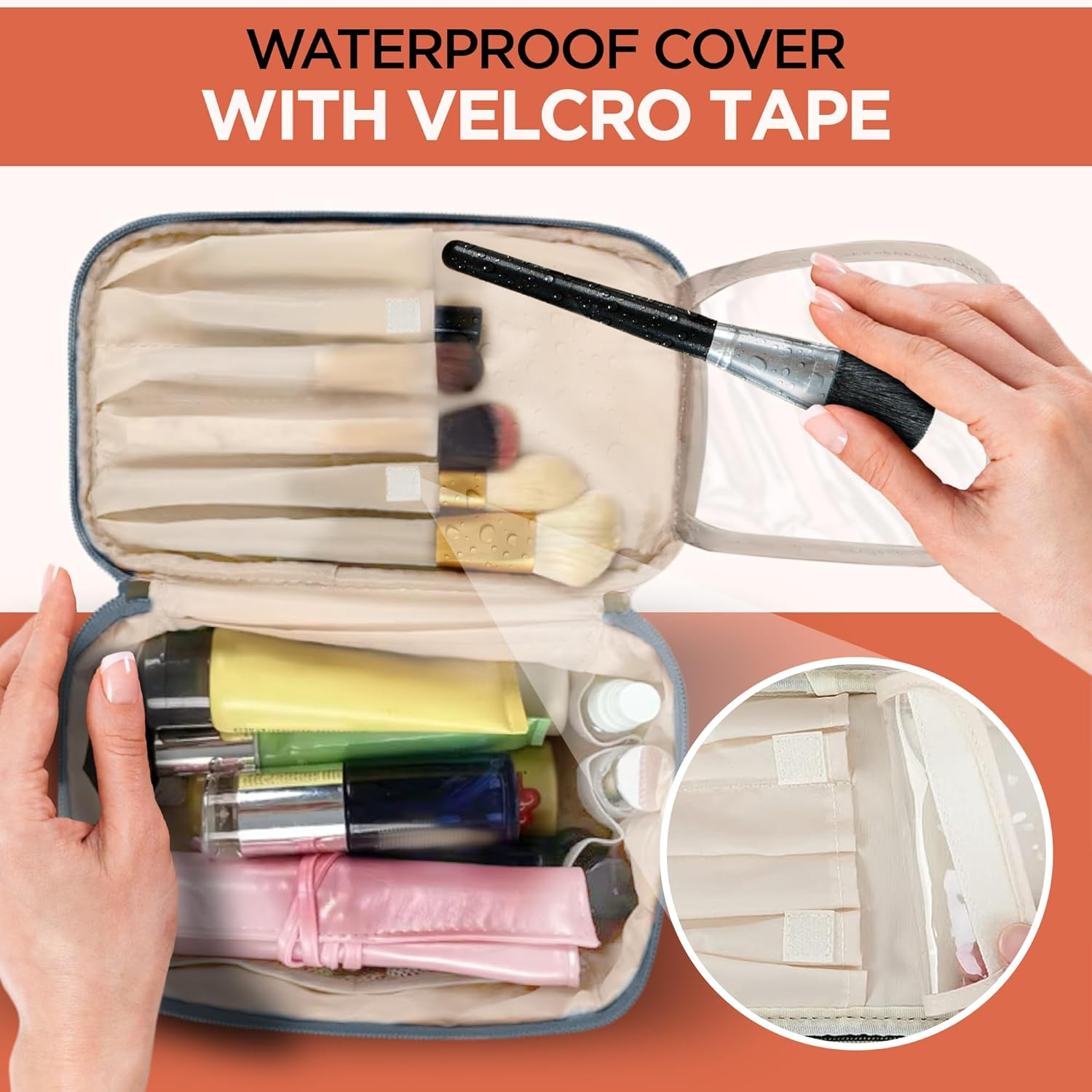 Leesh & CO Toiletry Bag -Travel Cosmetic Organizer with Brush Holders for Women -Eco-Friendly Vegan Leather, Waterproof & Durable-Perfect for Toiletries, Beauty Products,And Accessories-Light Blue image number 4