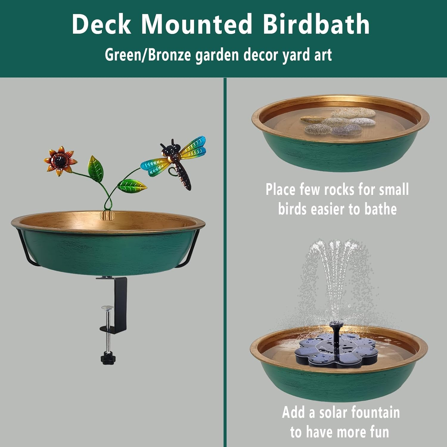 Deck Bird Bath for Outdoors, 13 Inch Large Green/Bronze Metal Birdbath Bowl with Adjustable Big Steel Clamp Backyard Birdbath Bird Feeder for Railing Balcony Fence Yard Art Garden Decor image number 3