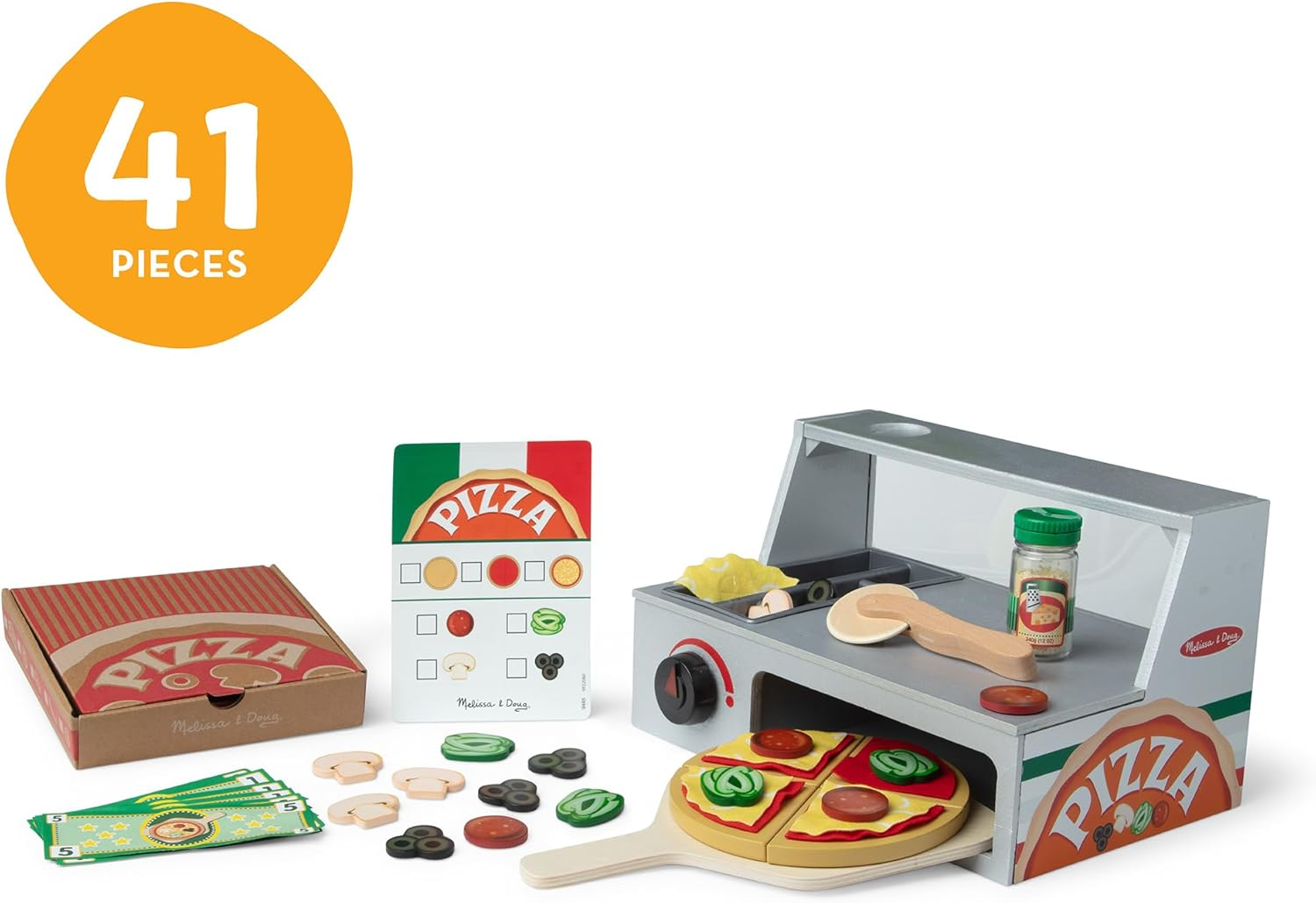 Melissa & Doug Top & Bake Wooden Pizza Counter Play Set &ndash; 34‑Piece Pretend Pizza Shop with Oven, Menu & Money &ndash; Ages 3+ image number 5