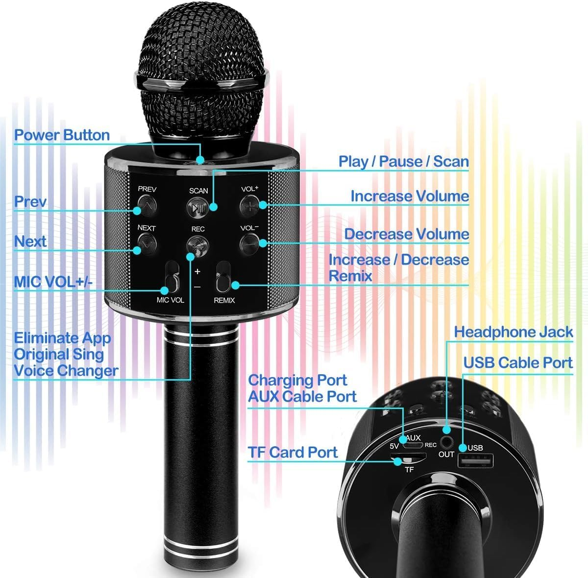 Wireless Bluetooth Karaoke Microphone for Kids, 5-In-1 Portable Handheld Karaoke Mic Speaker Player Recorder with Adjustable Remix FM Radio for Kids Girls Boys (With 32G TF Card,Black) - Gold image number 5