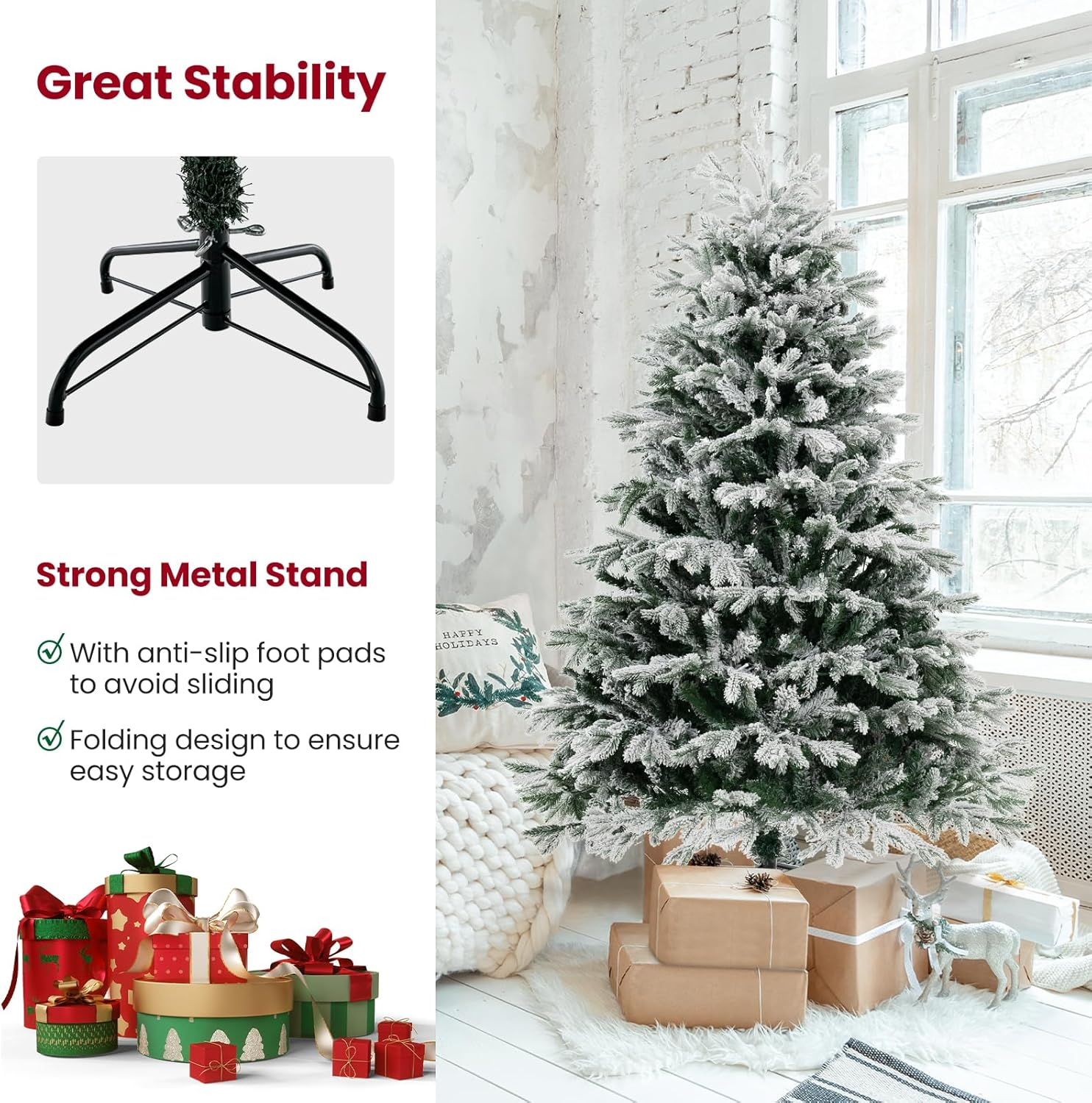 Costway 1.8M Artificial Flocked Christmas Tree with 1022 PE PVC Branch Tips & a Pair of Gloves & 350 Warm White LED Lights, Pre-Lit Hinged Xmas Decor Tree for Home, Office & Carnival, Easy Setup image number 1