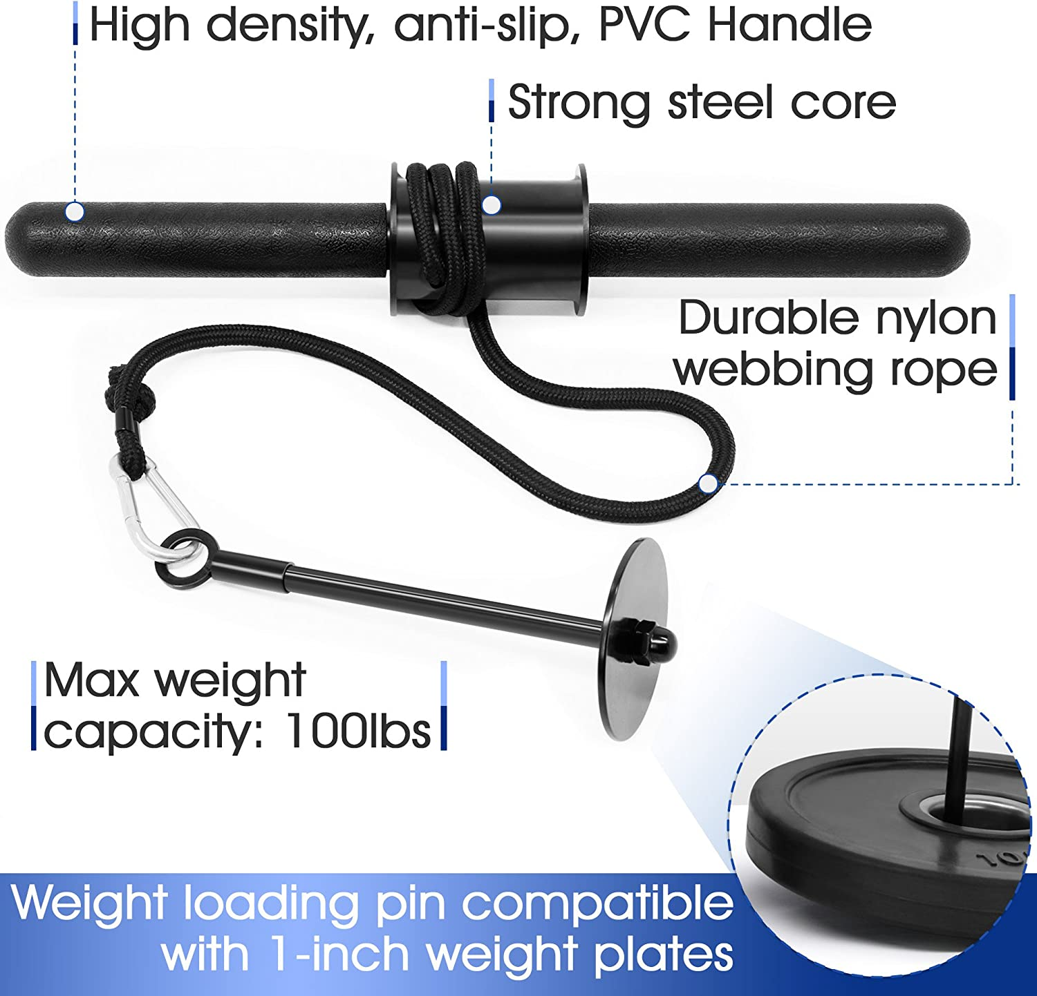 Yes4All Weight Plate Loading Pin 2.5 Cm and 5.1 Cm, Fitness LAT Cable Pulley System Gym, Heavy Duty Gym Equipment for Home with Tricep Rope Cable Attachment image number 2