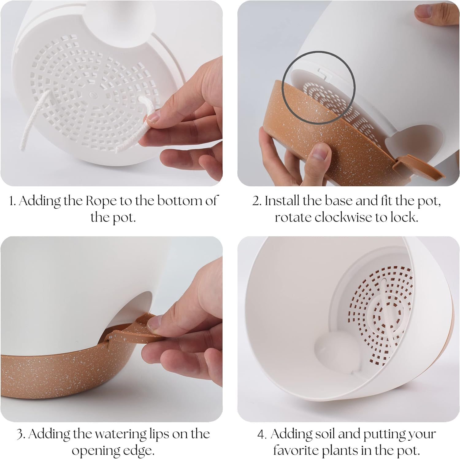 Set of 3 Plant Pots, 20CM, Self-Watering Flower Pots for Indoor and Outdoor Use, Planters with Drainage Hole and Saucer Reservoir, White image number 3