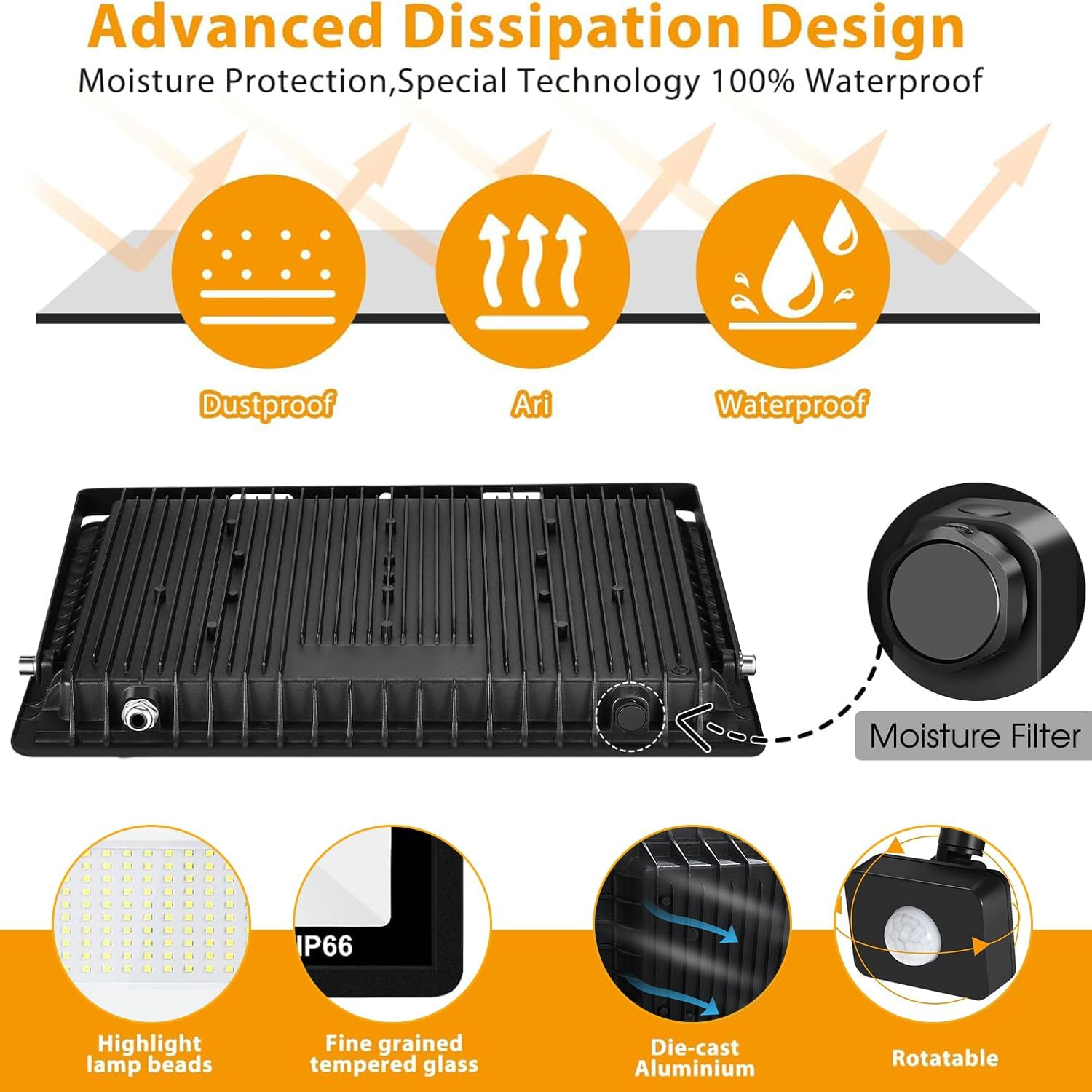 LED Flood Lights Outdoor, 50W 6000LM Security Lights Outdoor Motion Sensor, IP66 Waterproof 6500K Daylight Dusk to Dawn Floodlights for Yard, Garage, Garden, Parking Lot, Park,Playground image number 2