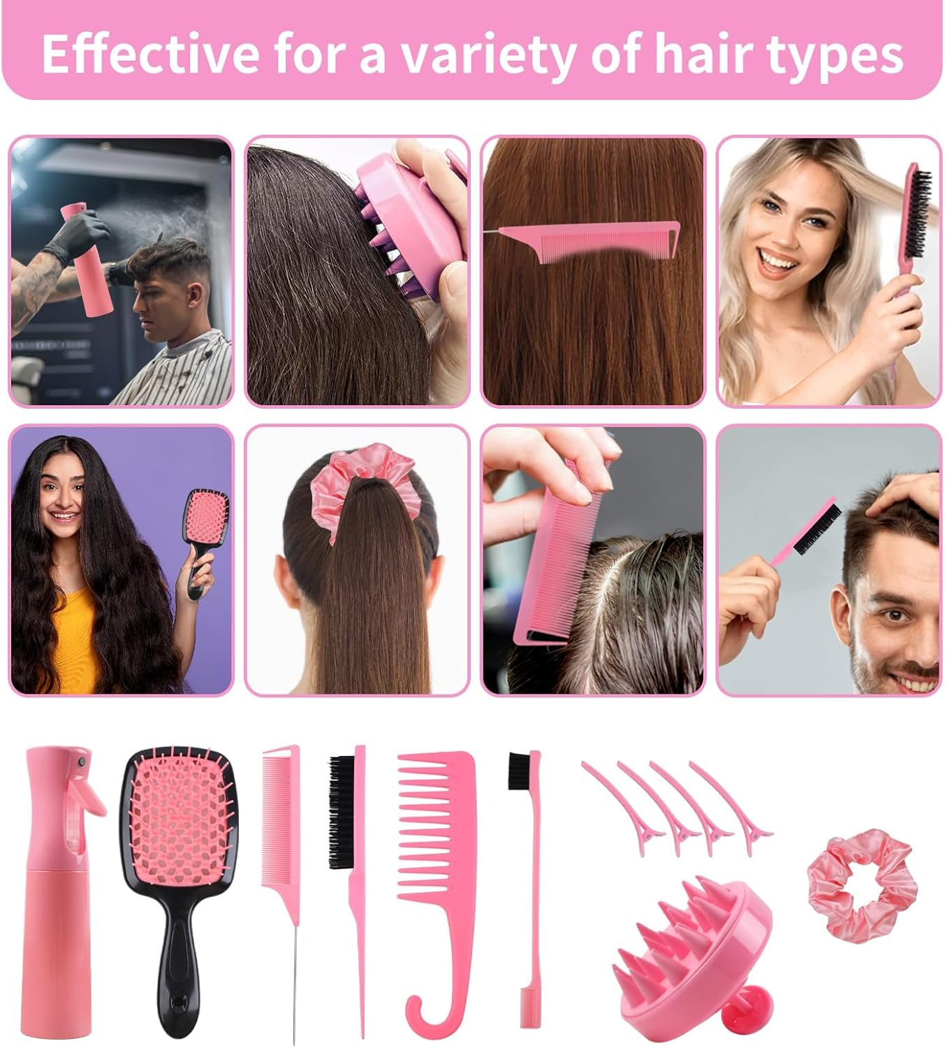 12 Pcs Hair Brush Set, 3 Pieces Slick Back Hair Brushes for Toddlers, Women, Detangling Brush for All Typs of Hair, Edge Bristles Wide Tooth Rat Tail Combs for Baby Girls Boys(Pink) image number 4