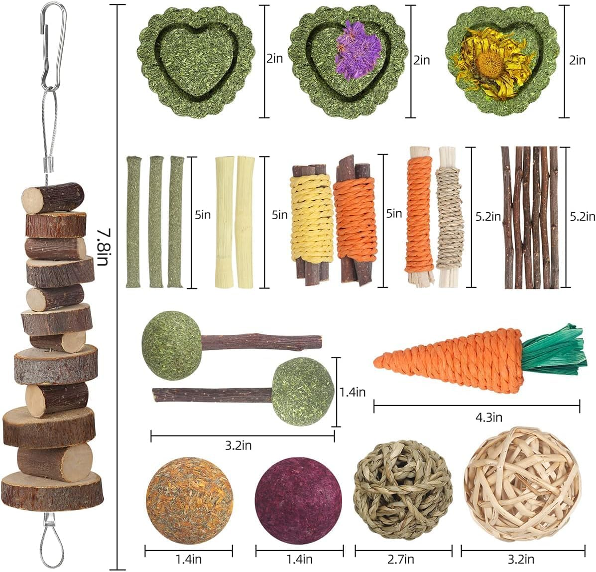 Rabbit Toys Guinea Pig Toys Hamster Toys Bunny Toys 18Pcs Natural Timothy Hay Sticks Apple Wood Sticks Chinchilla Toys for Teeth Care Handmade image number 3