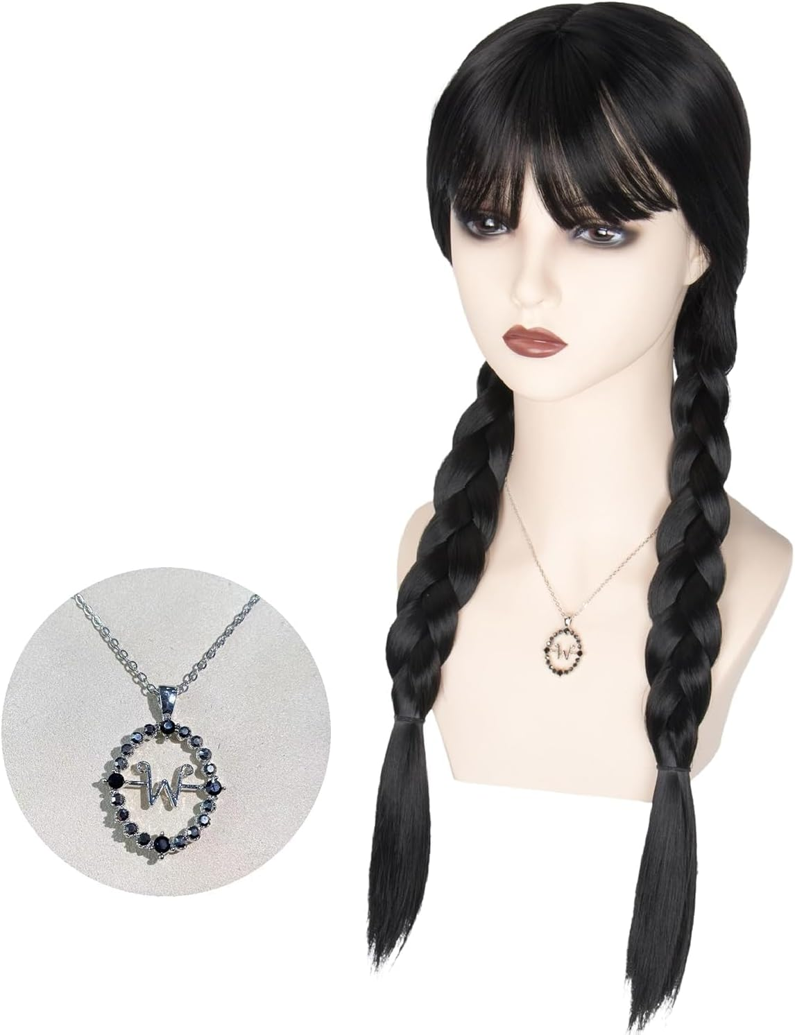 Long Braided Wigs for Women Black Braided Wednesday Wig with Fringe Cosplay Costume Party Wigs for Family Women Girls image number 2