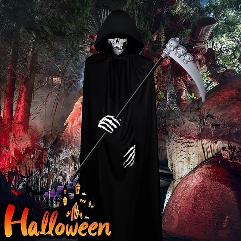 Halloween Grim Reaper Costume Set for Adult, 4PCS Black Hooded Cape, Skull Face Mask, Skeleton Hand Gloves, Grim Reaper Scythe Death Scythe Staff, Cosplay Costume Props for Men & Women image number 3
