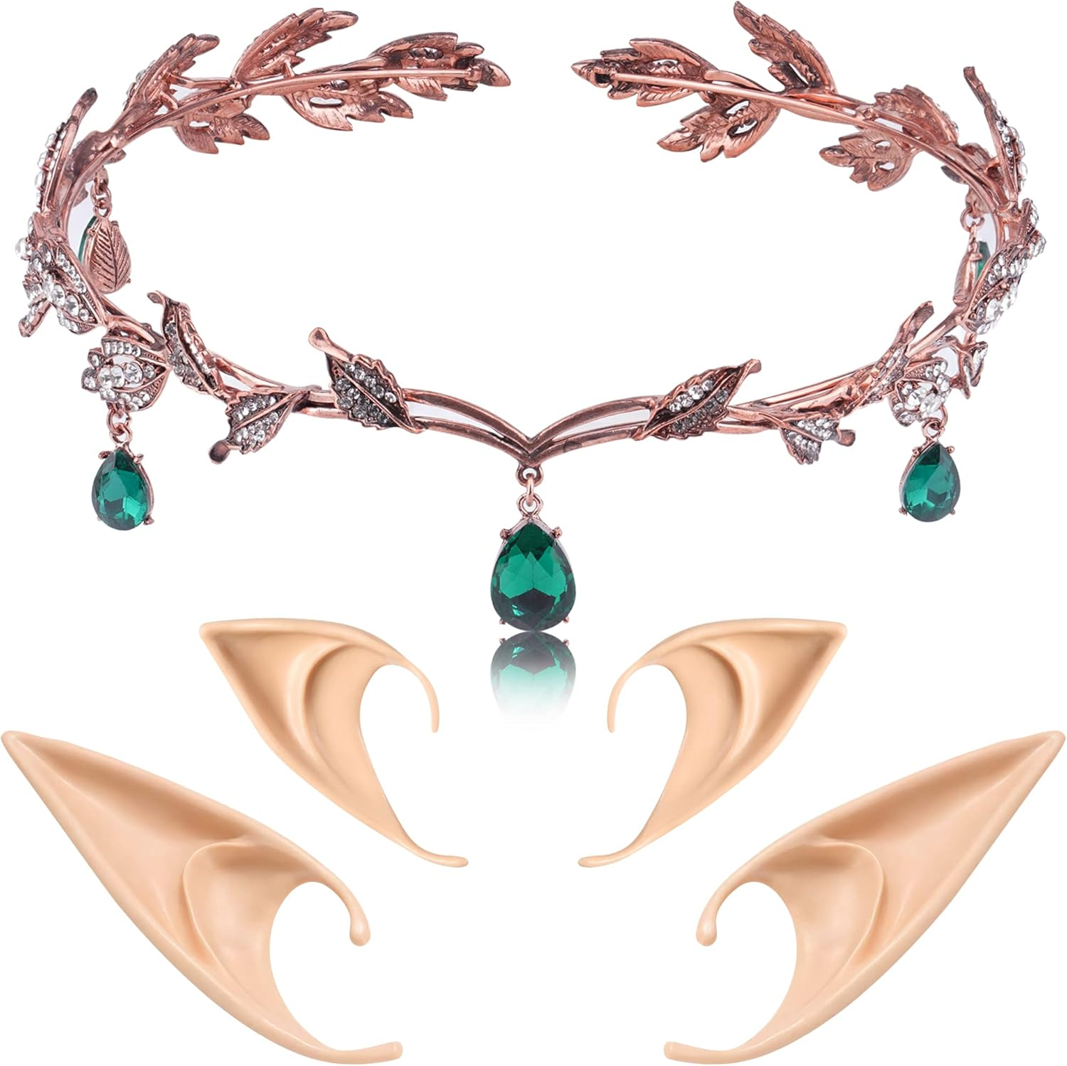 FRESHME Elf Ears with Fairy Crown Set Pixie Headpiece with 2 Pairs Fairy Ears Kit