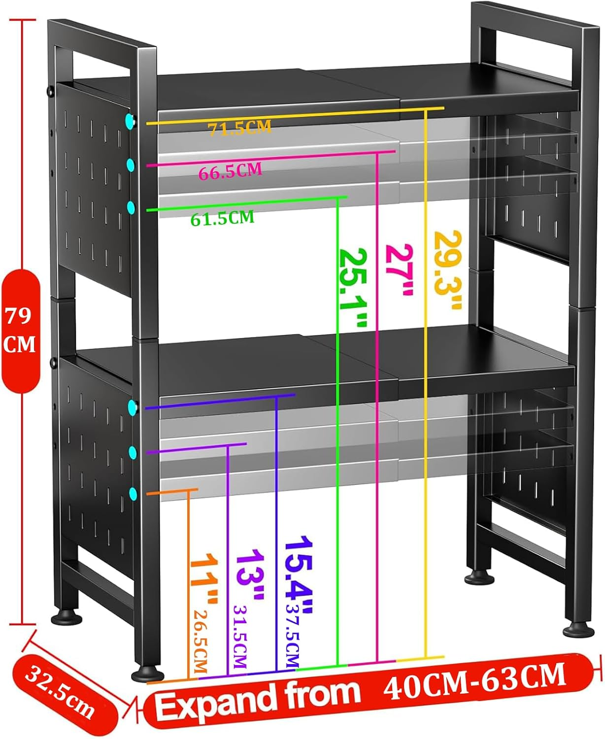 3-Tier Microwave Oven Rack, Adjustable Microwave Shelf Organizer with Hooks, Metal Kitchen Countertop Microwave Storage Expandable Stand, Black image number 3