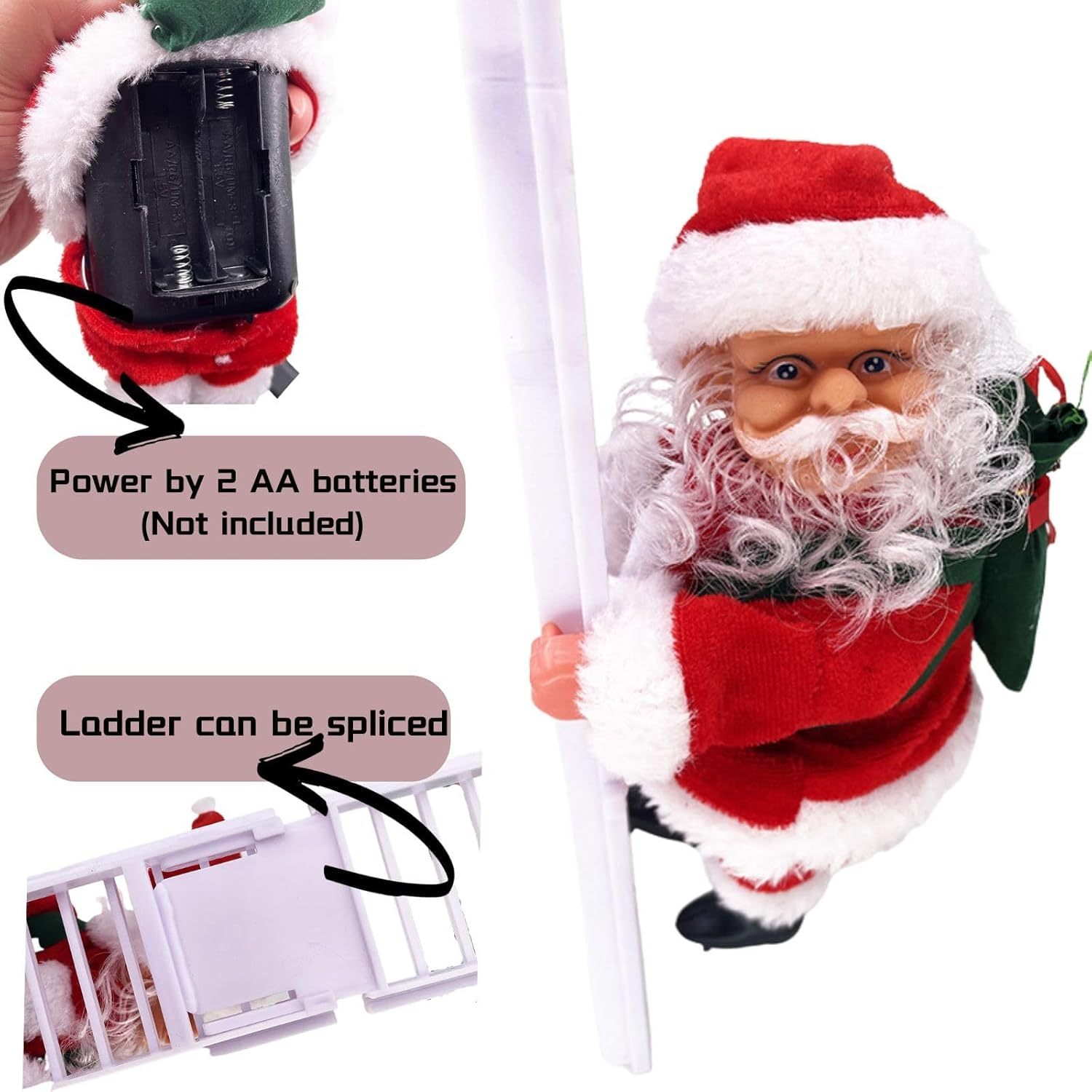 Electric Santa Climbing Ladder to Tree, Climbing up and down Santa Claus on Ladder with Music and Bag of Presents Tree Holiday Party Home Door Wall Decoration Xmas Ornament