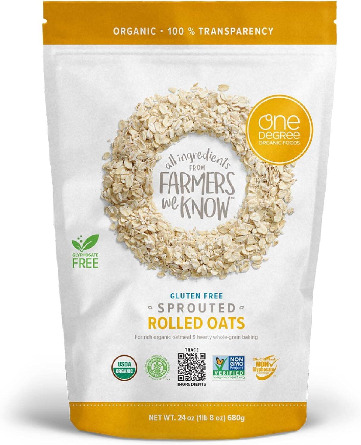 One Degree Organic Foods Sprouted Rolled Oats, USDA Organic, Non-Gmo Gluten Free Oatmeal, 24 Oz., 4 Pack
