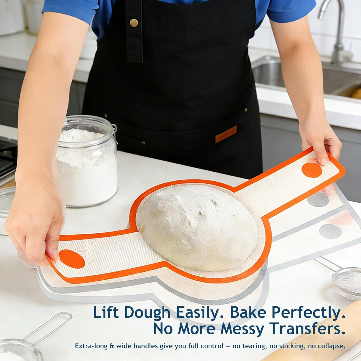 Silicone Bread Sling Oval and round for Dutch Oven, KITMAL Non Stick Reusable Silicone Baking Mat with Long Handles Sourdough Bread Baking Supplies and Making Tools, Orange - Gray image number 5